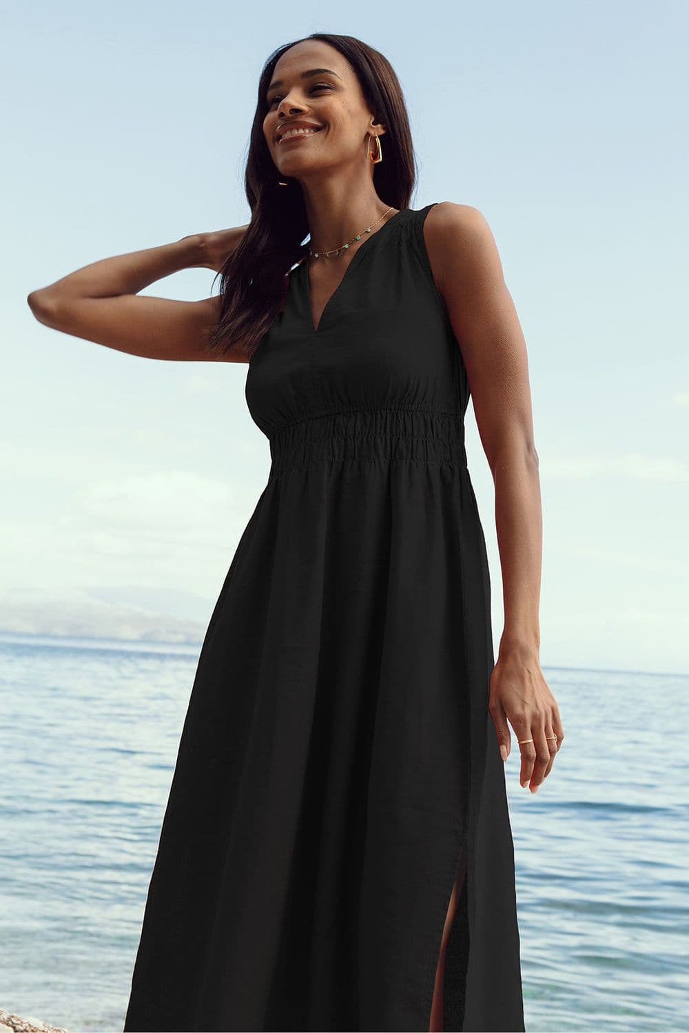 Linen Look Peppercorn Ruched Waist Midi Dress
