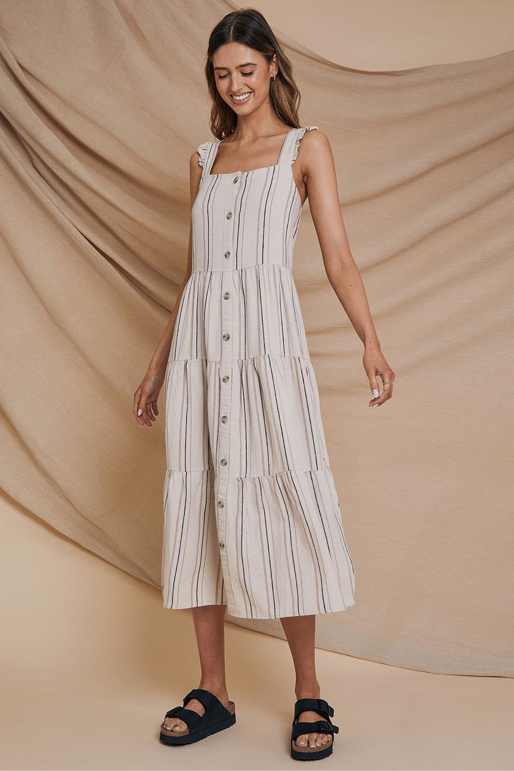 Linen Blend Oak Tiered Midi Dress