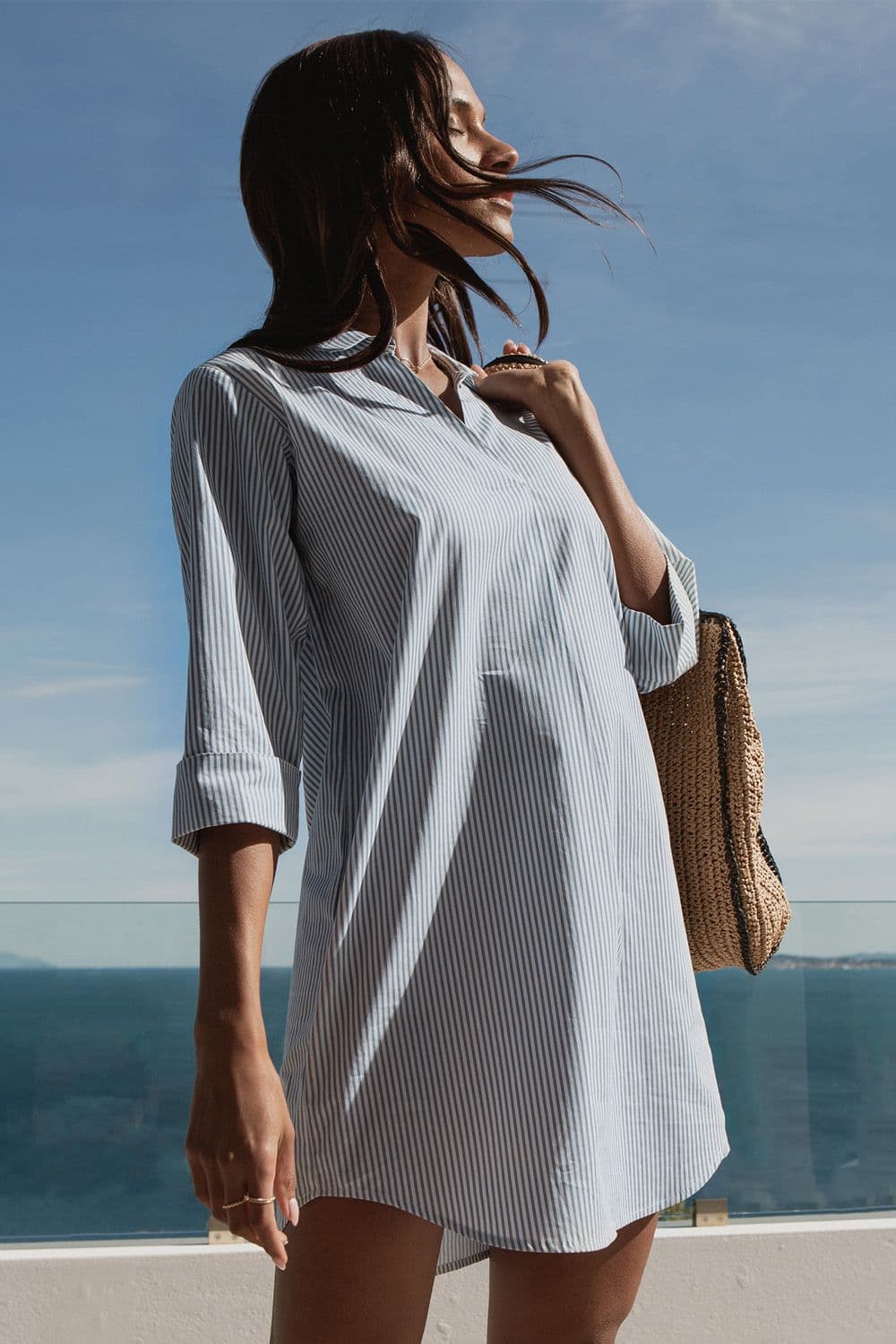 Cotton Poplin Beach V Neck Shirt Dress