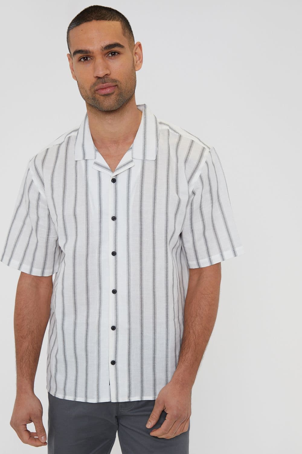Sati Linen Blend Short Sleeve Revere Collar Stripe Shirt