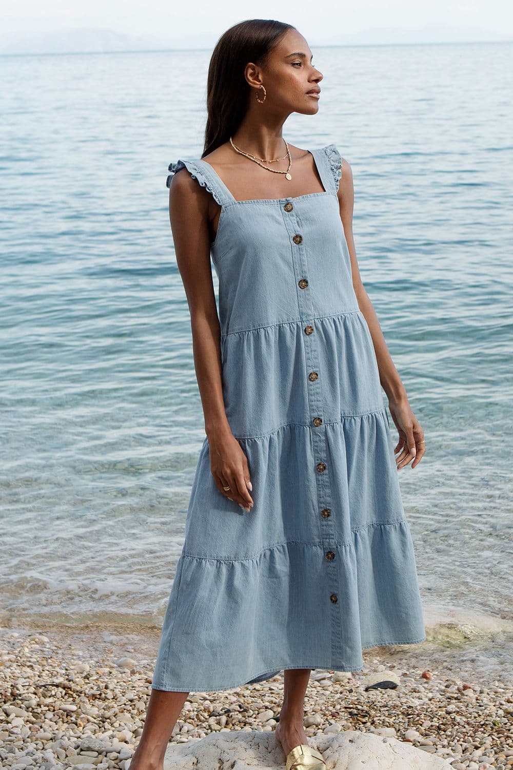 Sycamore Cotton Chambray Tiered Midi Dress