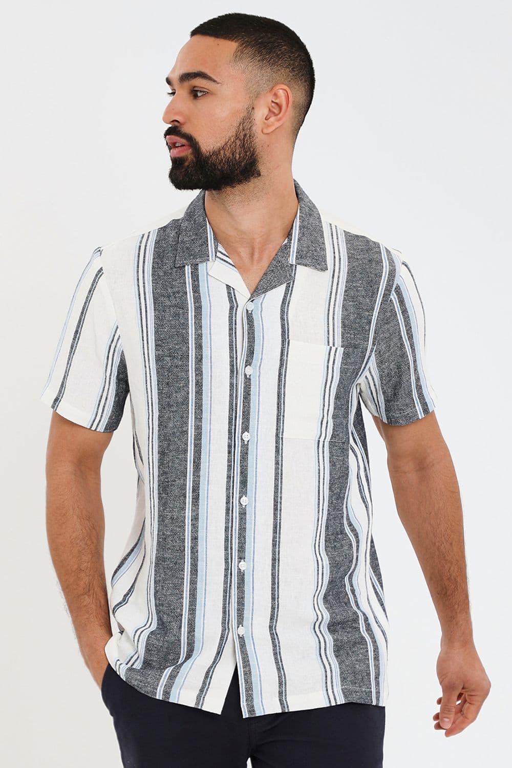 Indigo Luxe Linen Bland Revere Collar Short Sleeve Shirt