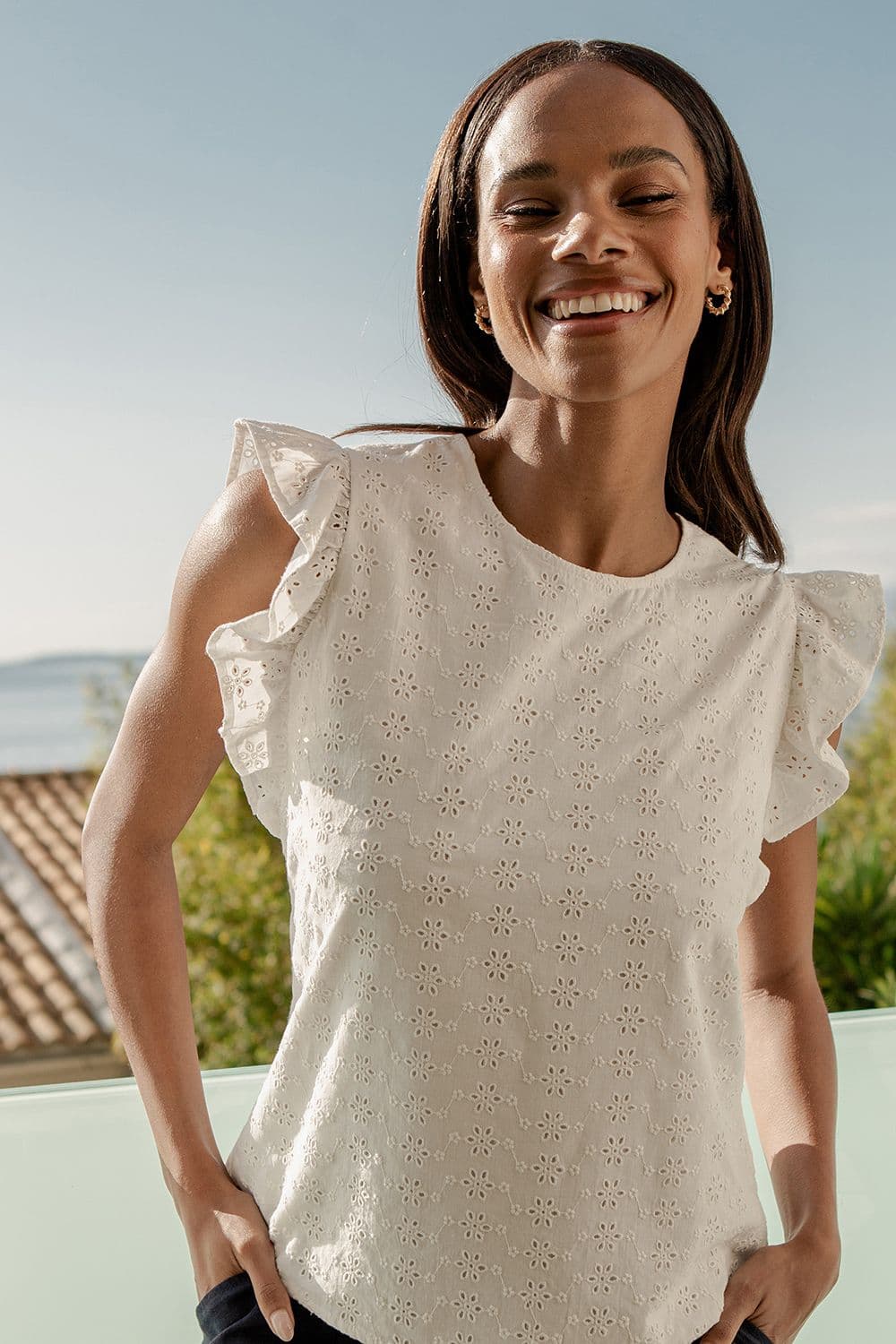Banana Cotton Broderie Frill Sleeve Blouse