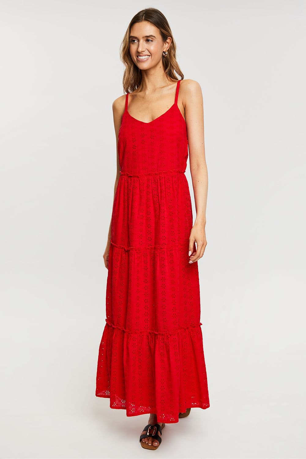 Mango Cotton Broderie Anglasie Strappy Midi Tiered Dress