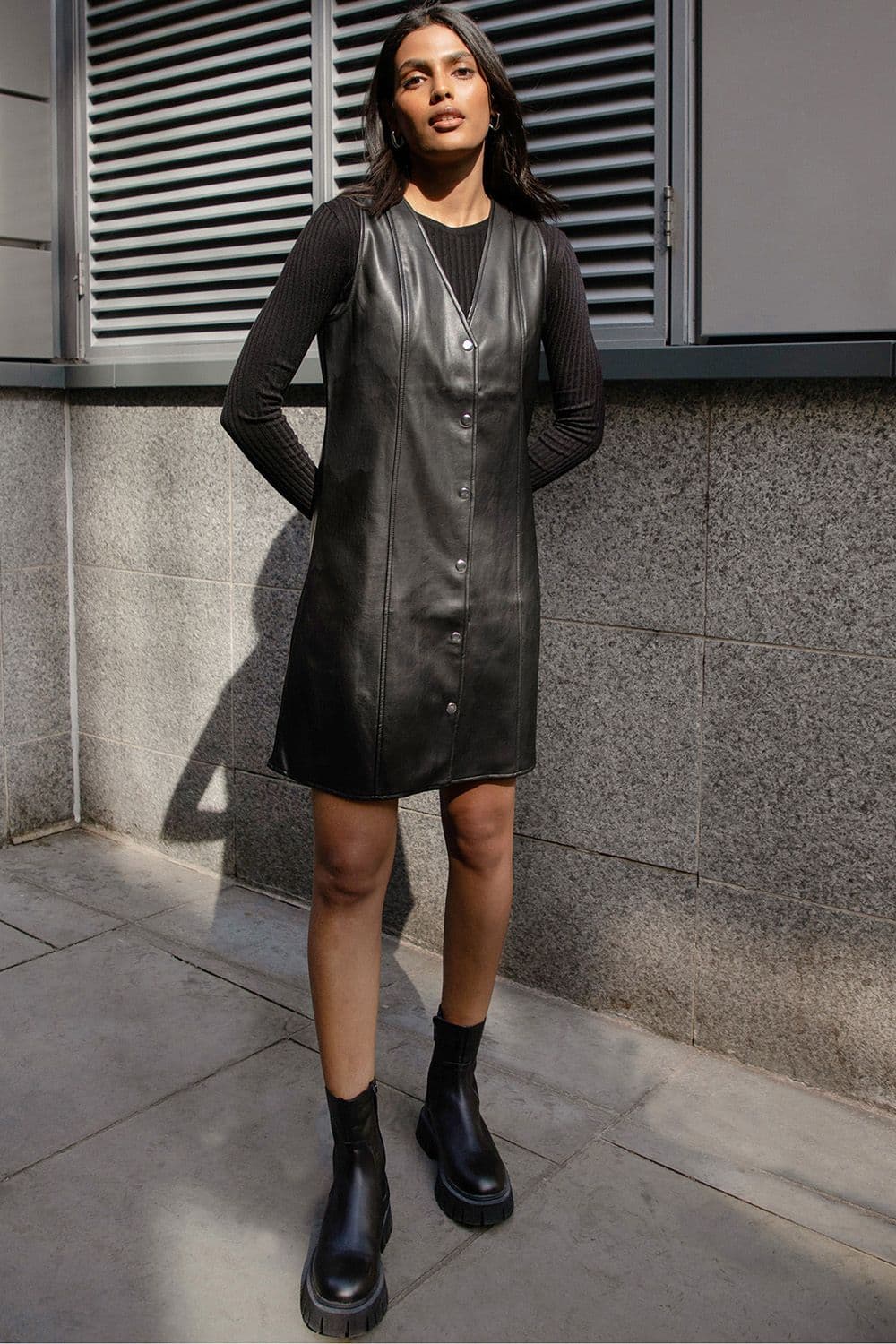 Fence Button Down PU Faux Leather Dress