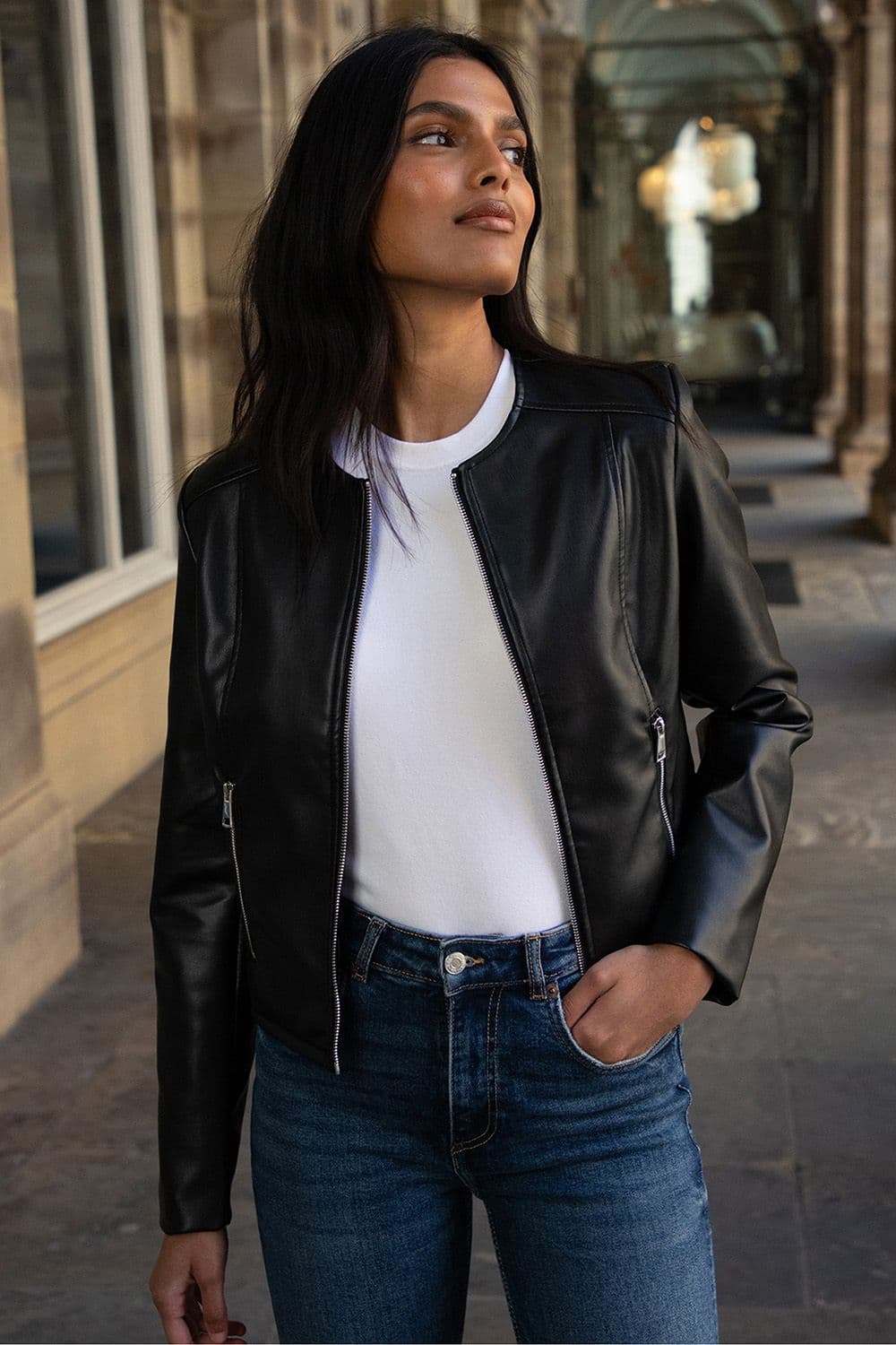 Bazzar Collarless PU Faux Leather Jacket