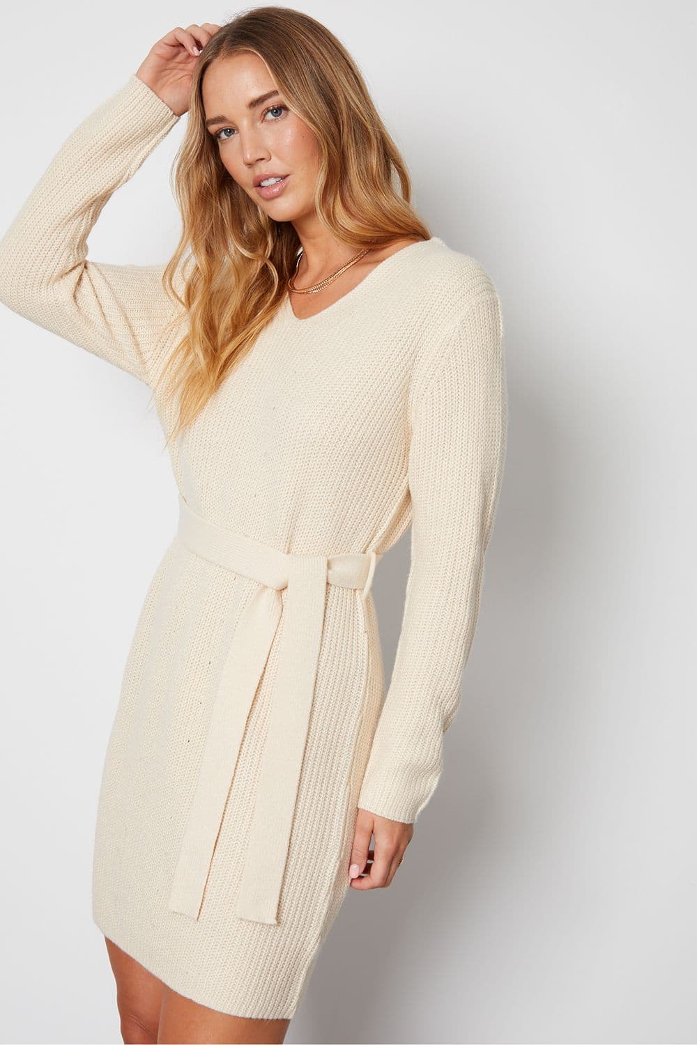Gloria V Neck Belted Knitted Jumper Dress