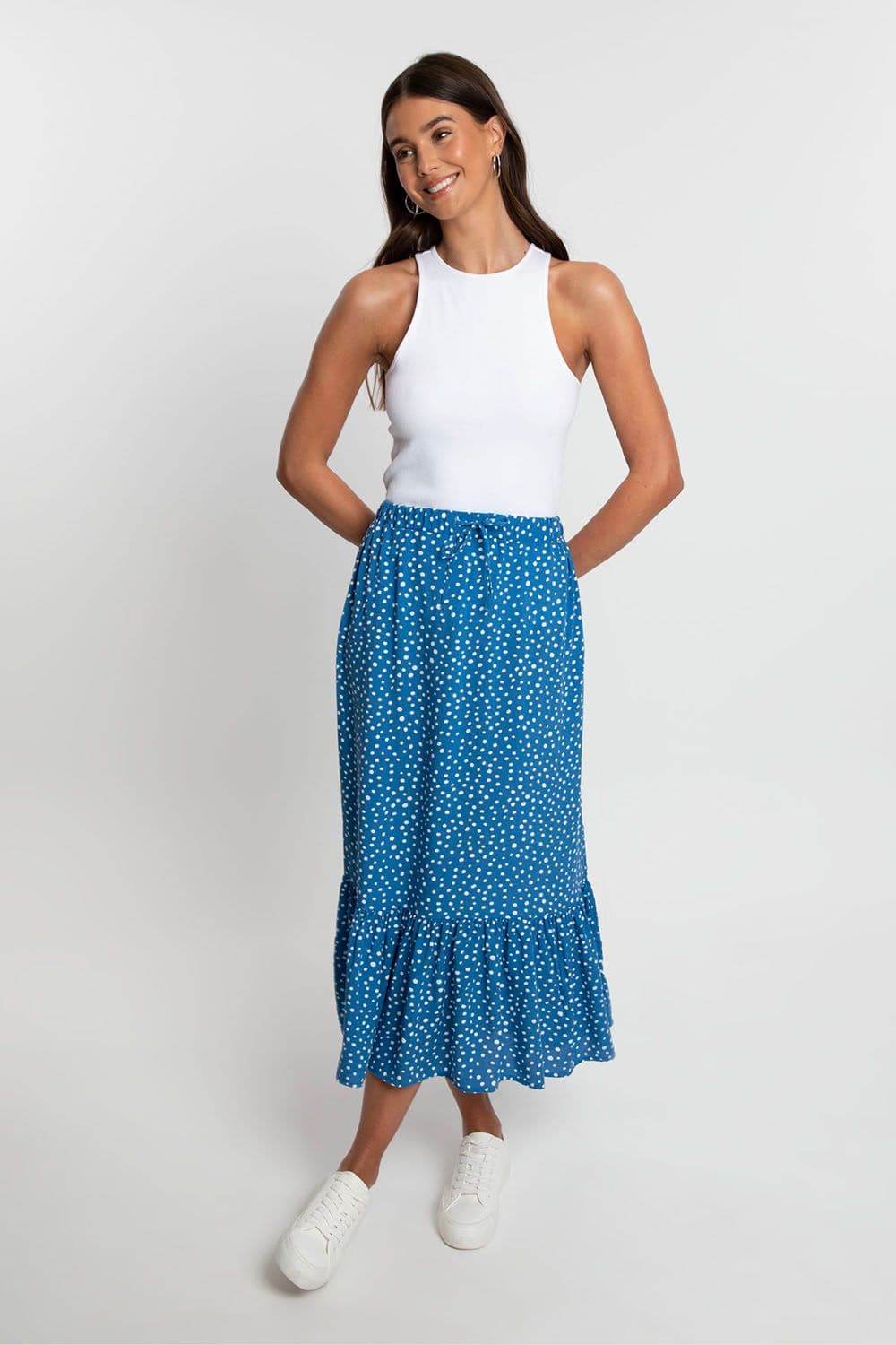 Rain Frill Hem Midi Skirt Drawstring Waist
