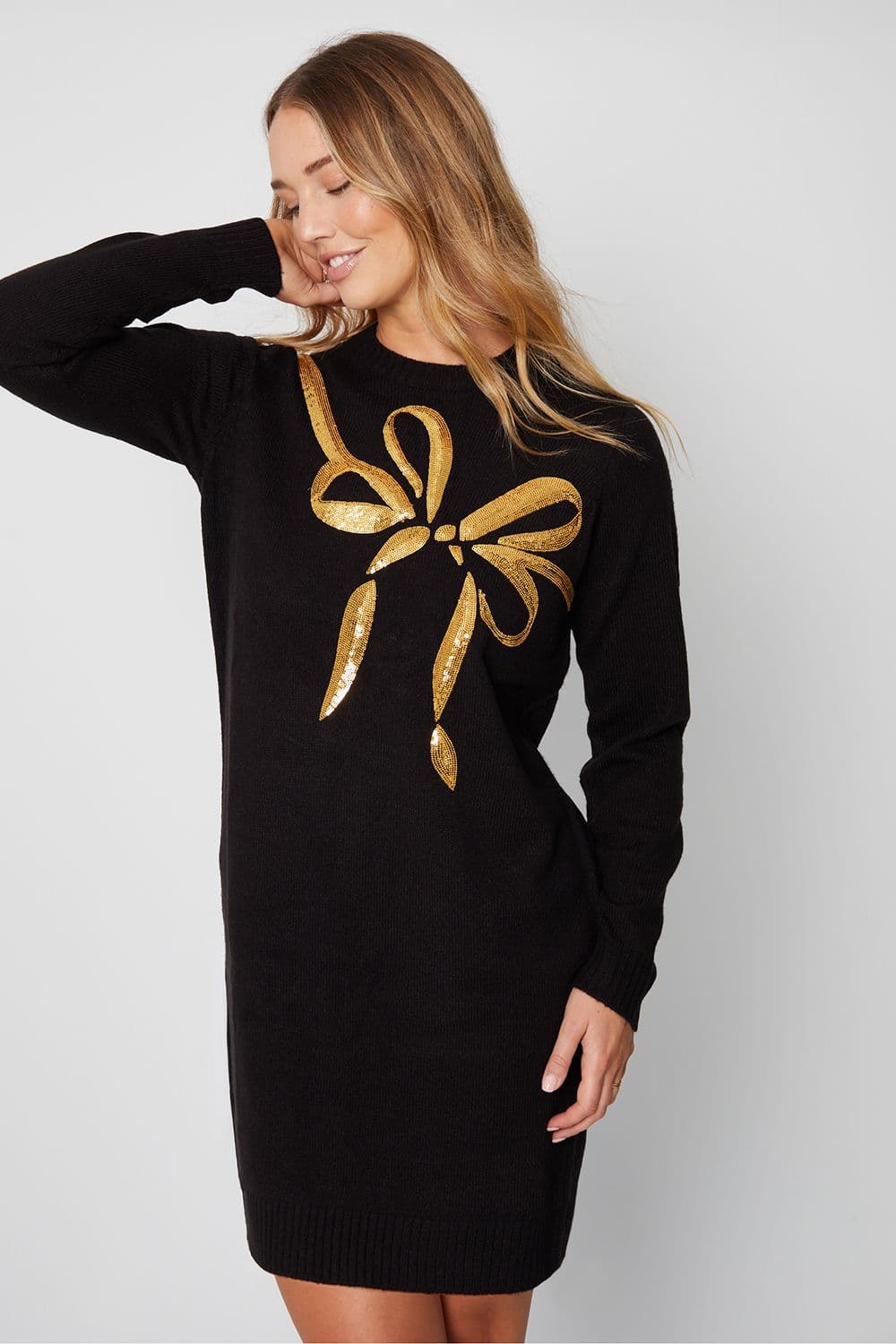 Ribbon Crew Neck Knitted Mini Dress