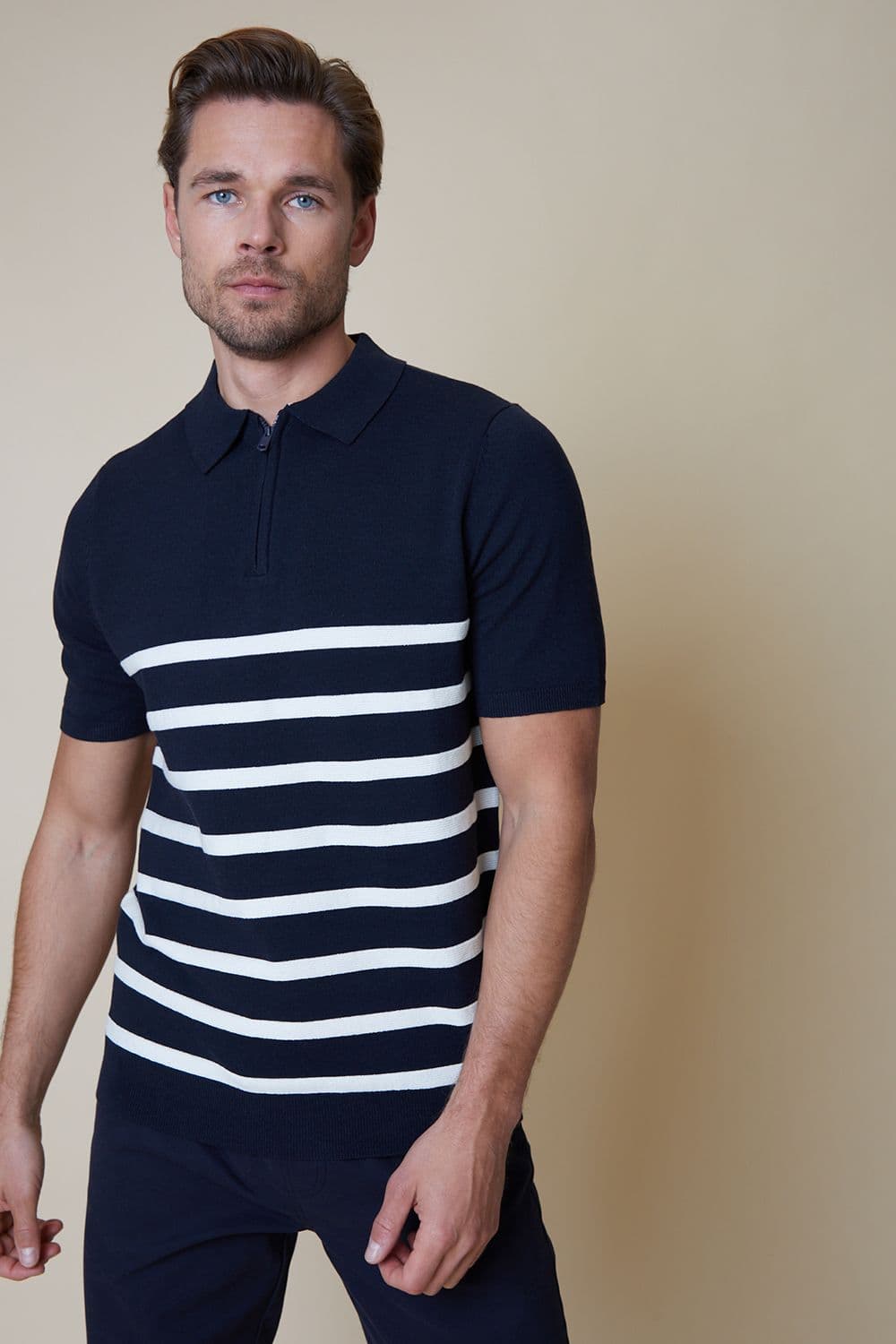 Elleray Cotton Mix Stripe Quarter Zip Short Sleeve Knitted Polo