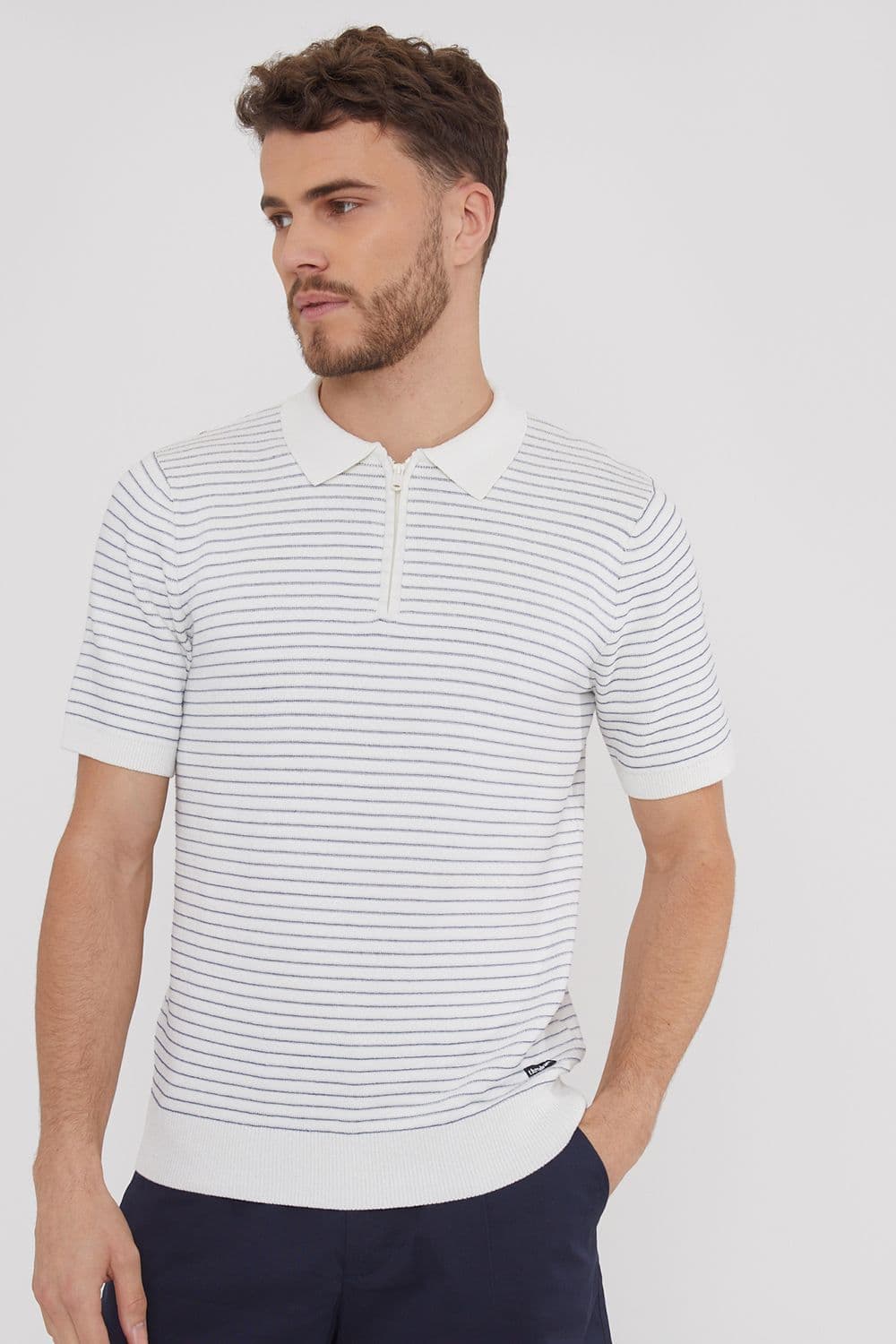 Massie Textured Stripe Quarter Zip Short Sleeve Knitted Polo