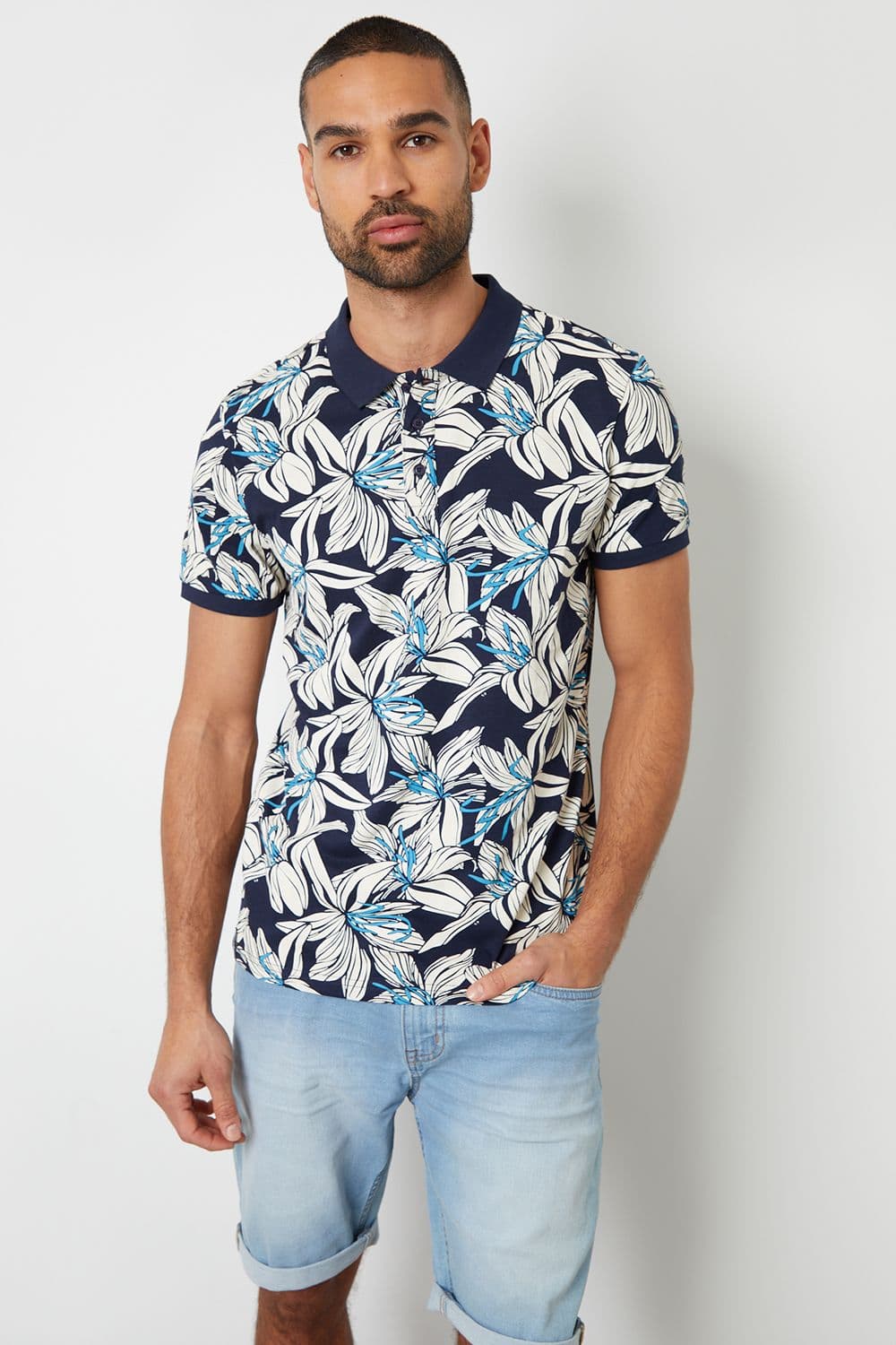 Clooney Floral Print Cotton Jersey Polo Shirt