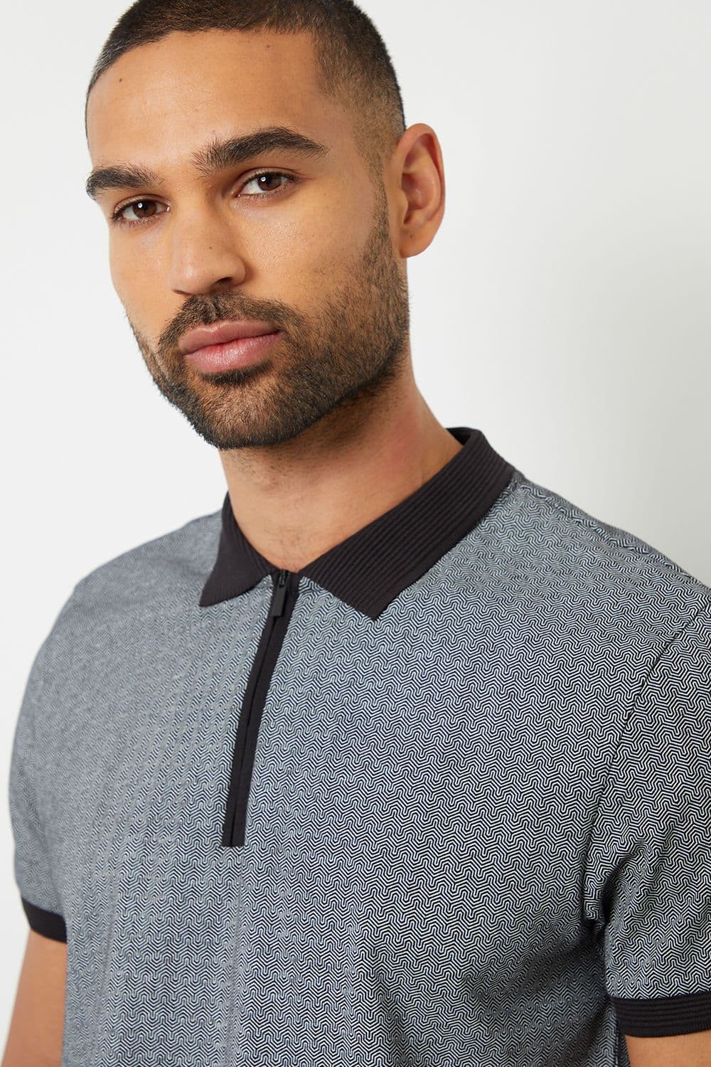 Wimpole Printed Zip Neck Cotton Polo Shirt