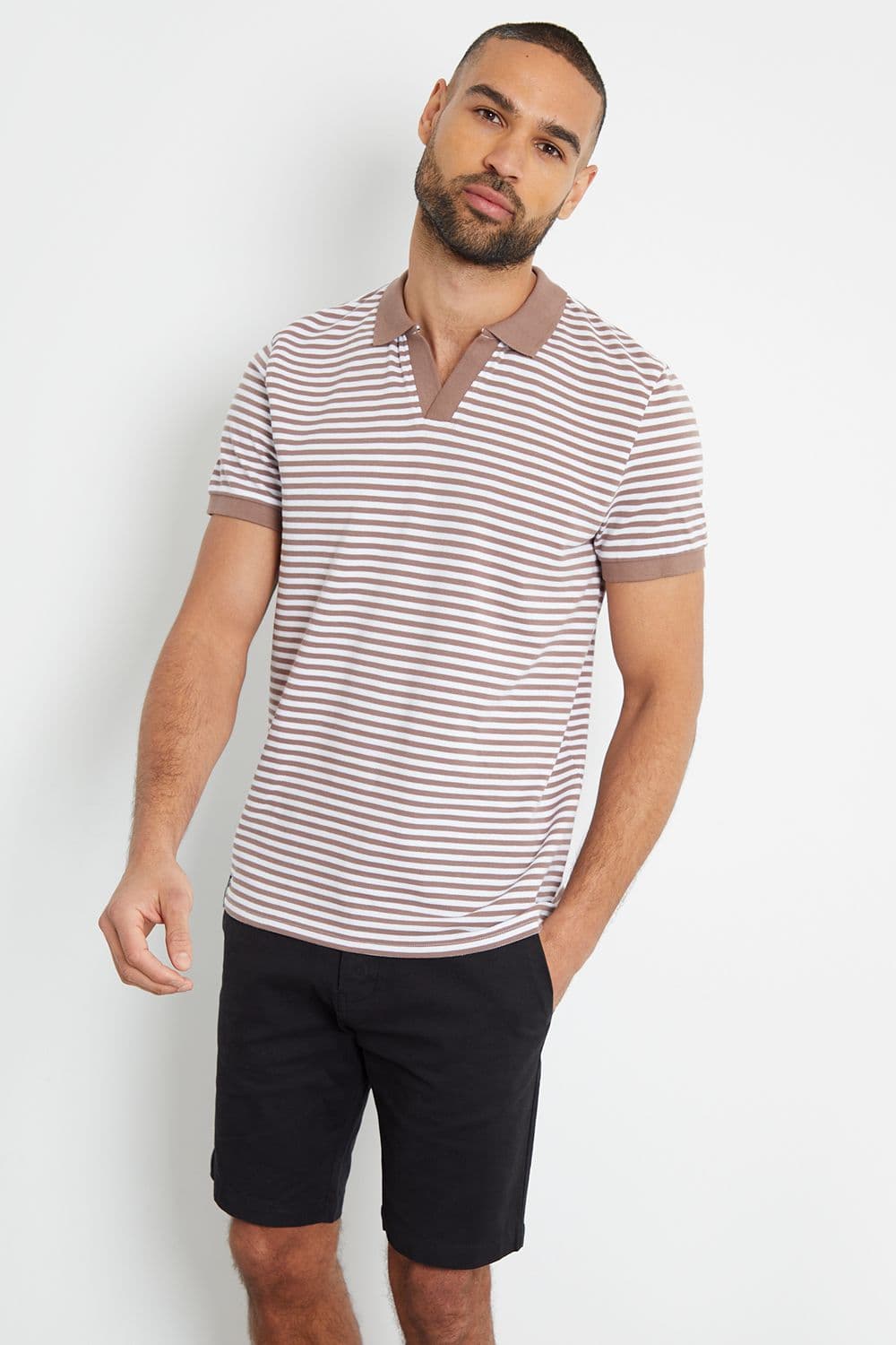 Domino Open Collar Striped Pique Polo