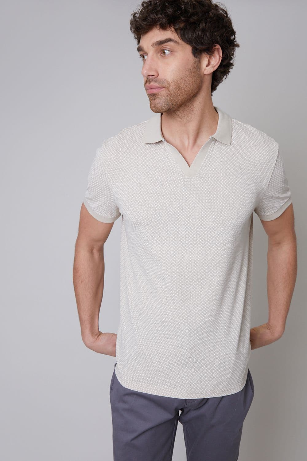 Wright Printed Pique Open Collar Cotton Polo Shirt