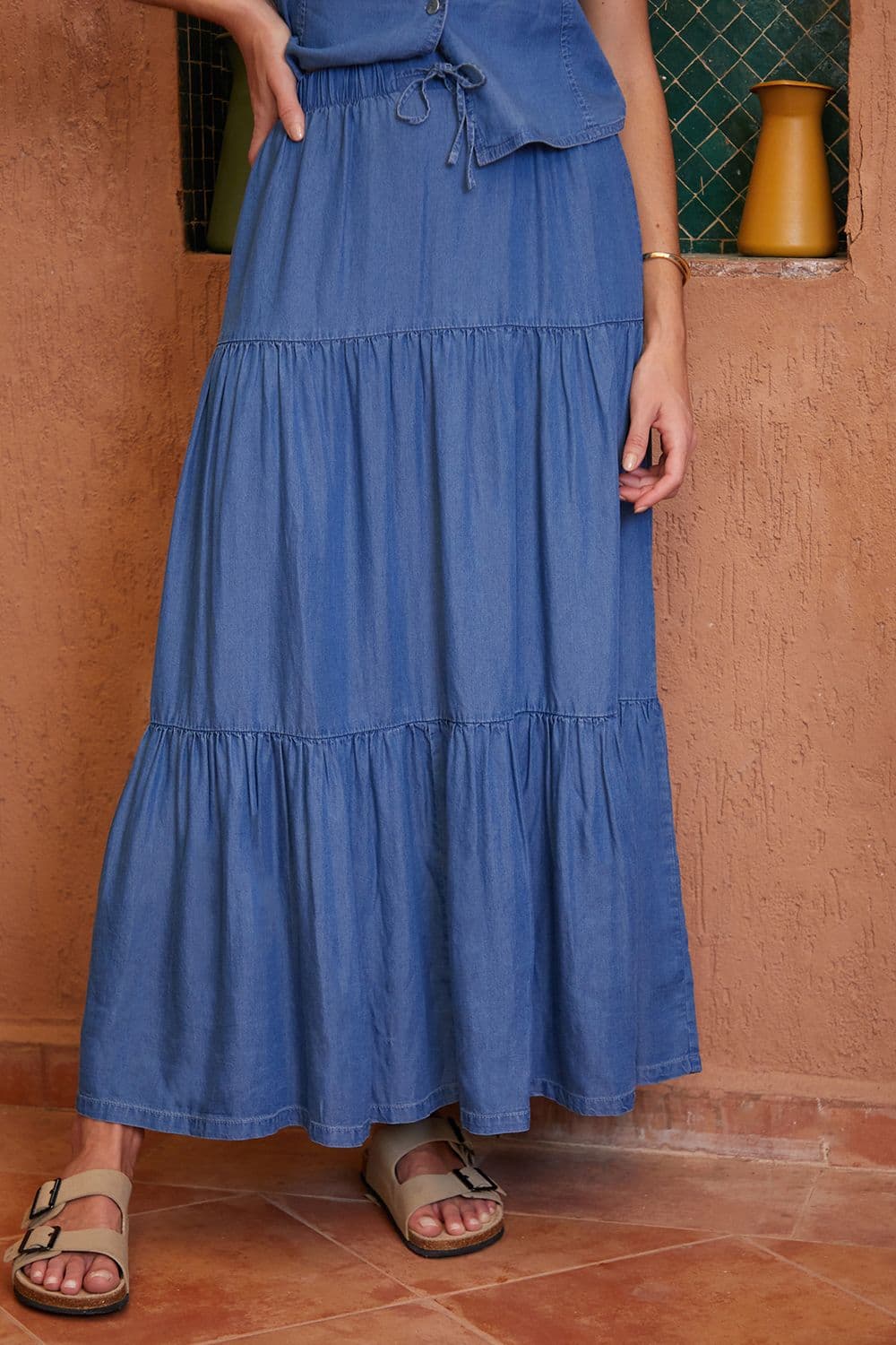 Seed Tiered Chambray Midi Skirt