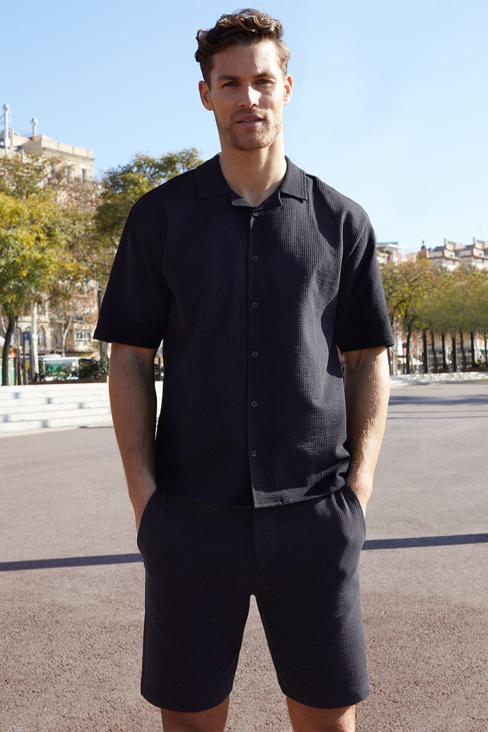 Estrella Revere Collar Short Sleeve Cotton Shirt Stretch