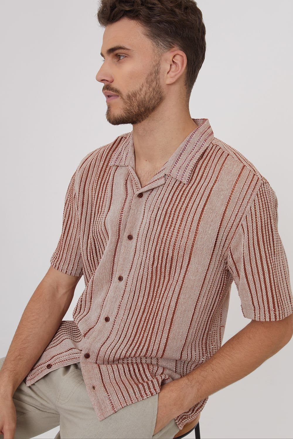 Tobin Cotton Open Weave Stripe Short Sleeve Shirt