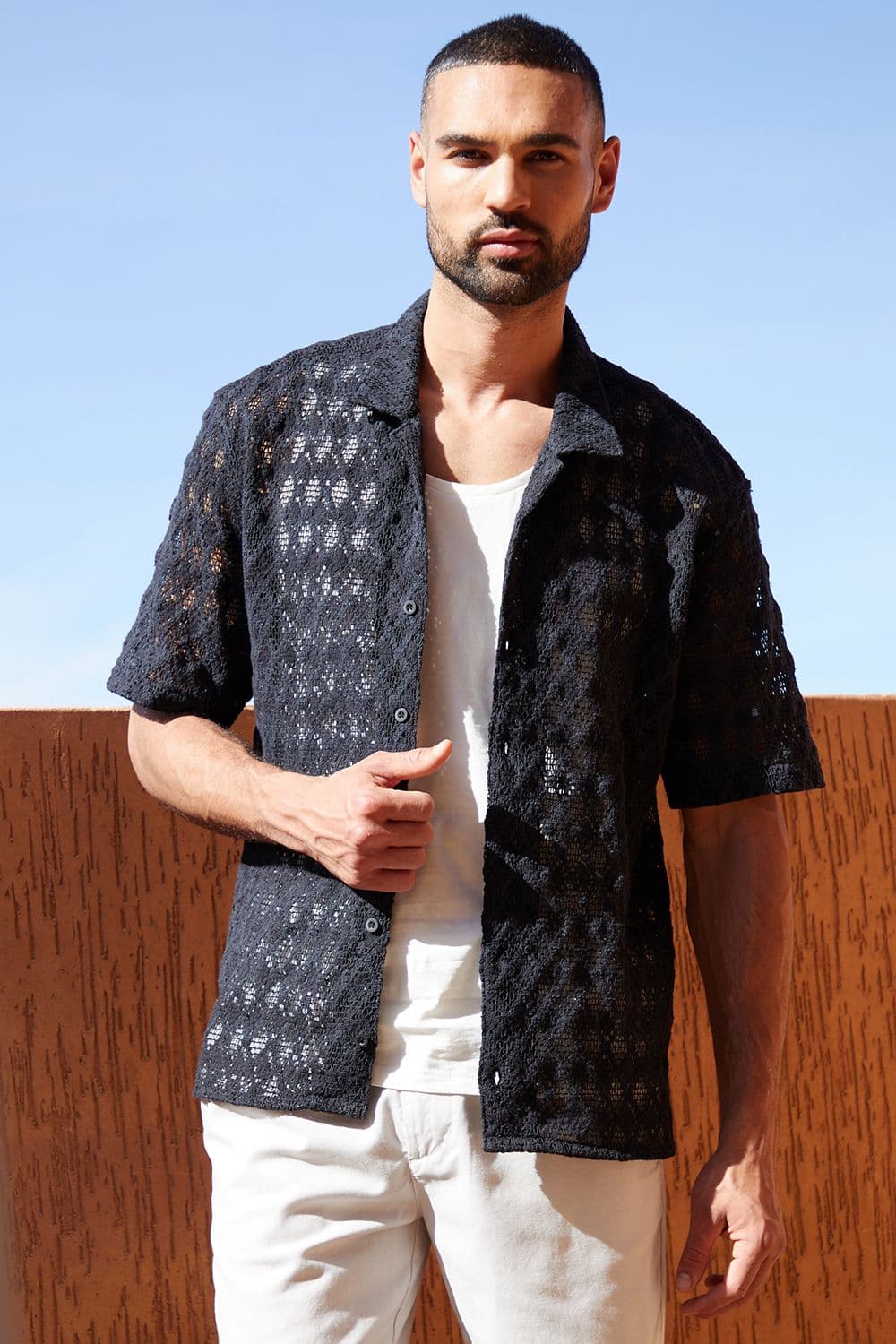 Glass Cotton Revere Collar Textured Short Sleeve Shirt