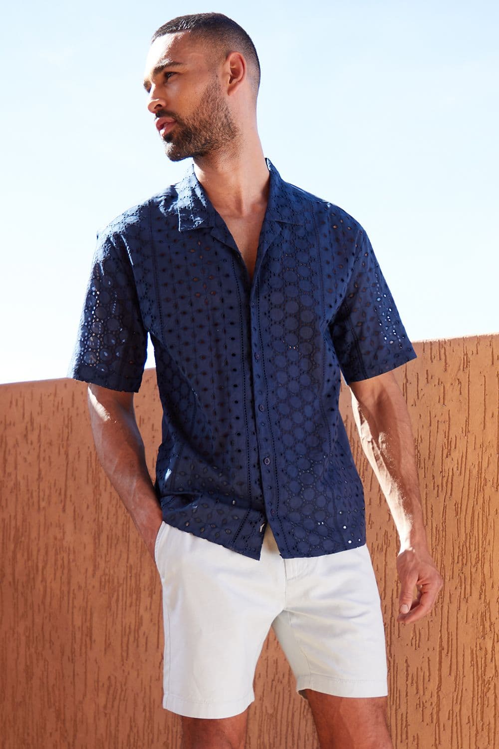 Blundell Cotton Revere Collar Broderie Short Sleeve Shirt