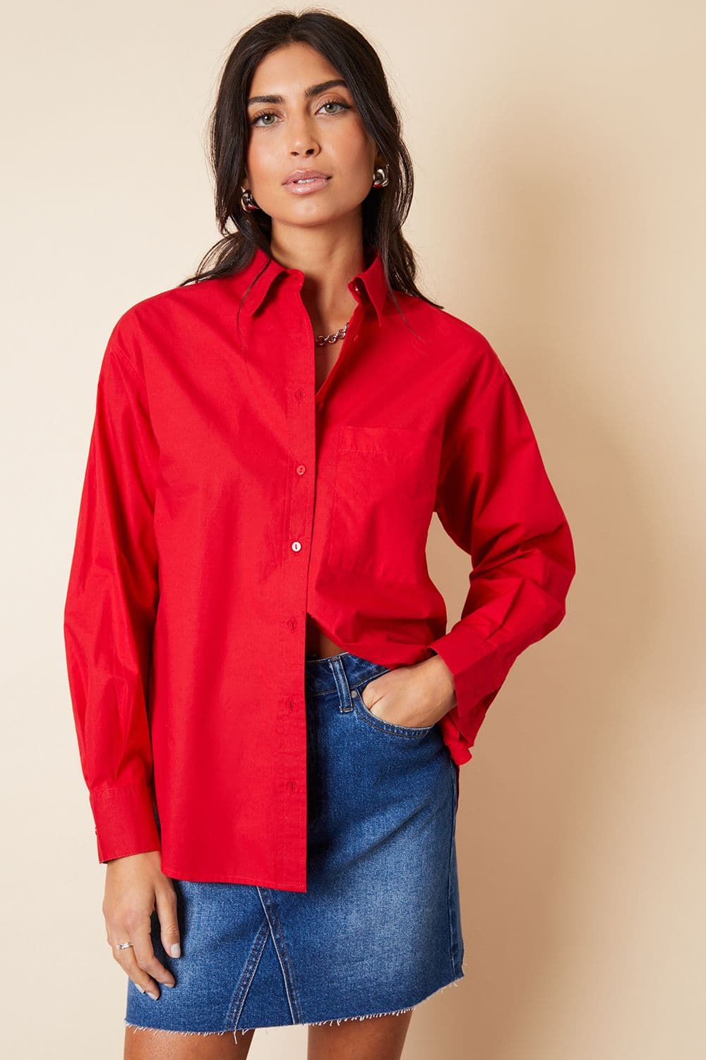 Basic Cotton Roseatte Loose Fit Long Sleeve Shirt