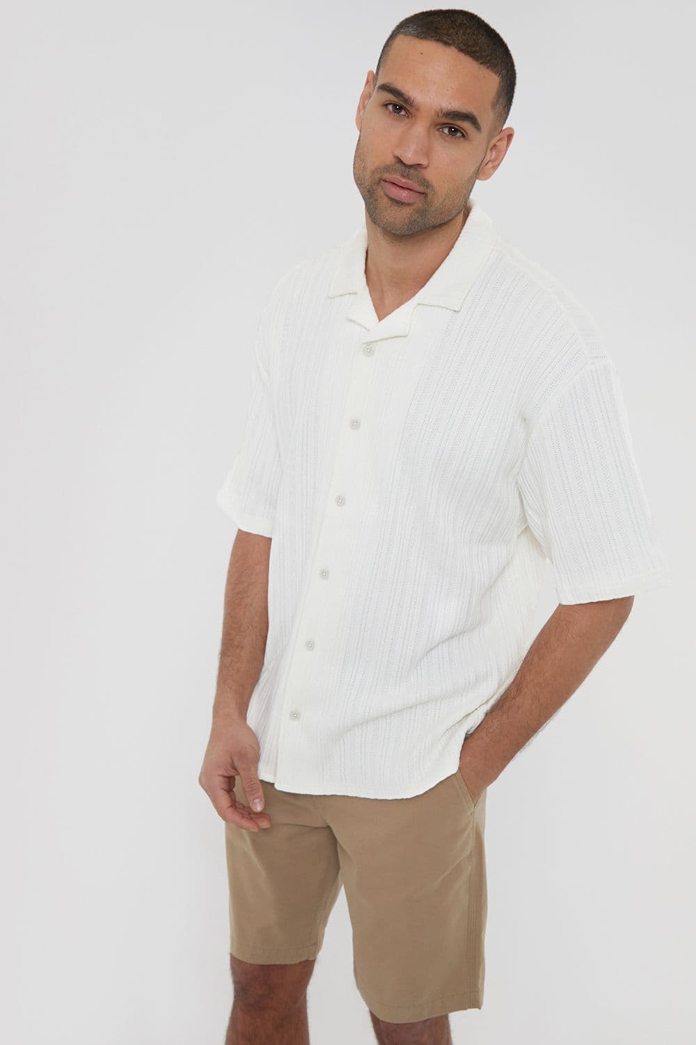 Ronson Cotton Revere Collar Textured Stripe Short Sleeve Shirt