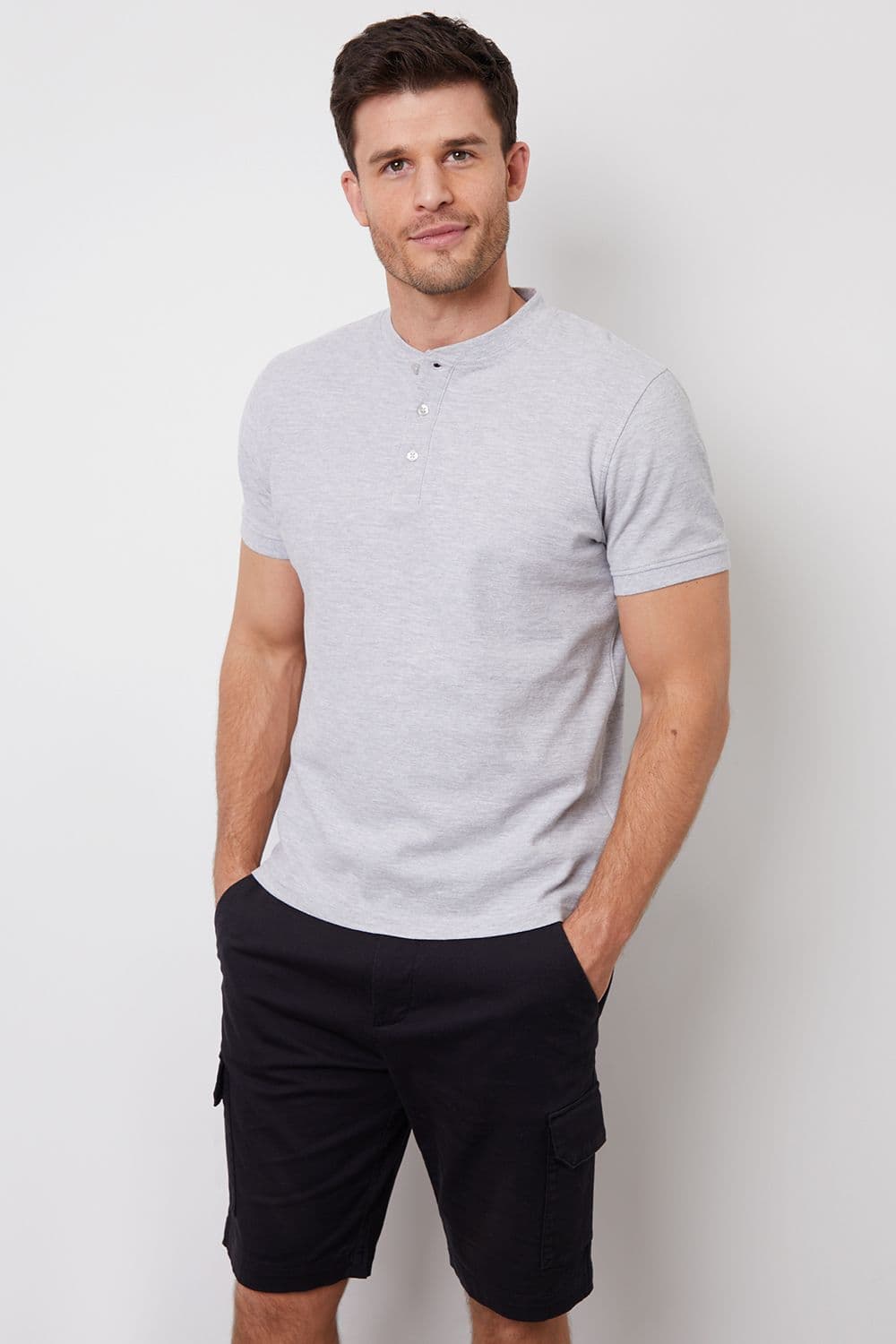 Avi Grandad Collar Cotton Pique Polo Shirt