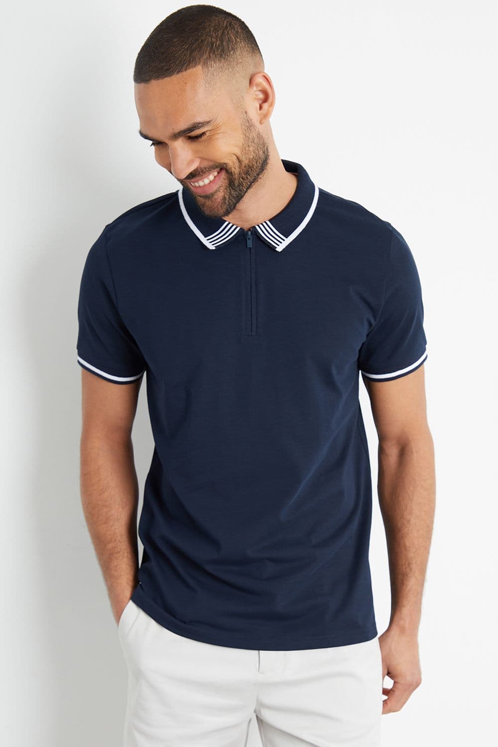 Bart Tipping Detail Zip Neck Cotton Jersey Polo Shirt