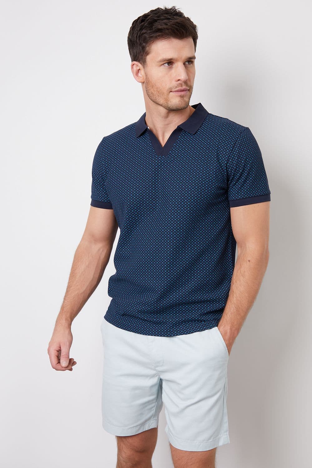 Seaside Geo Print Trophy Neck Pique Polo Shirt