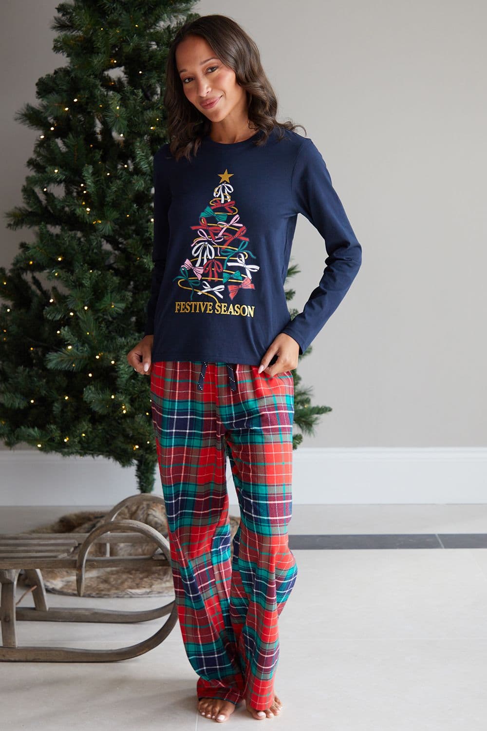 Frenchie Cotton Long Sleeve Christmas Check Pyjama Set