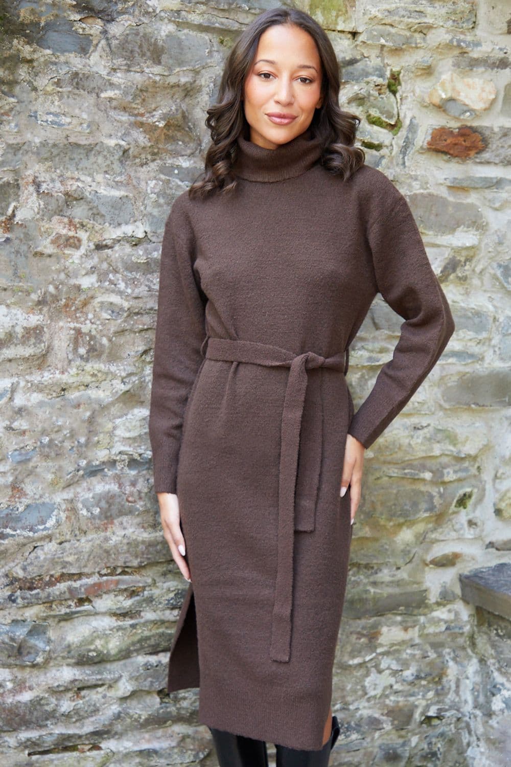 Brooklyn Belted Roll Neck Knitted Midi Jumper Dress