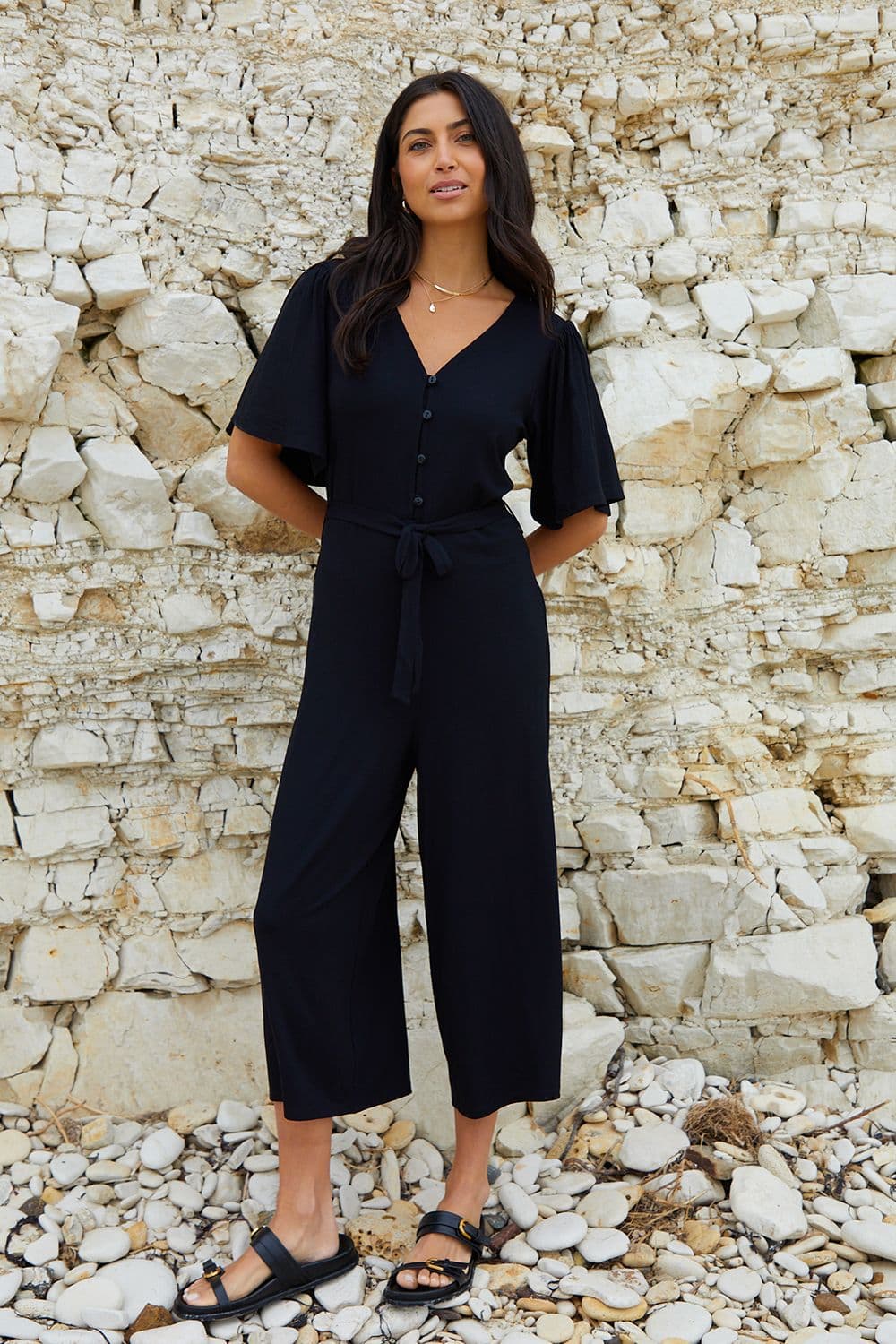 Jersey Harrie Flutter Sleeve Belted Jumpsuit