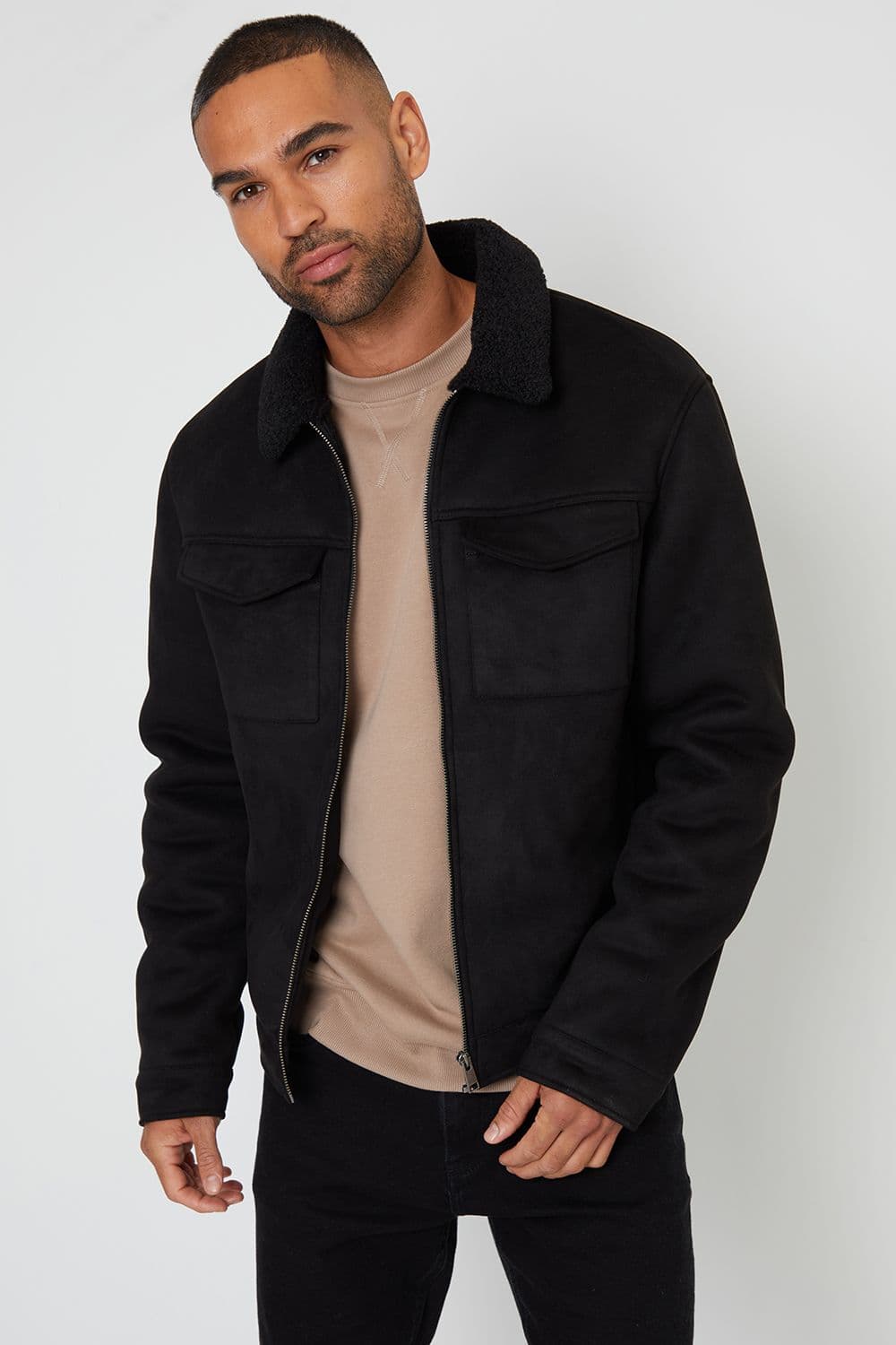 Olpherts Faux Suede Borg Lined Aviator Jacket