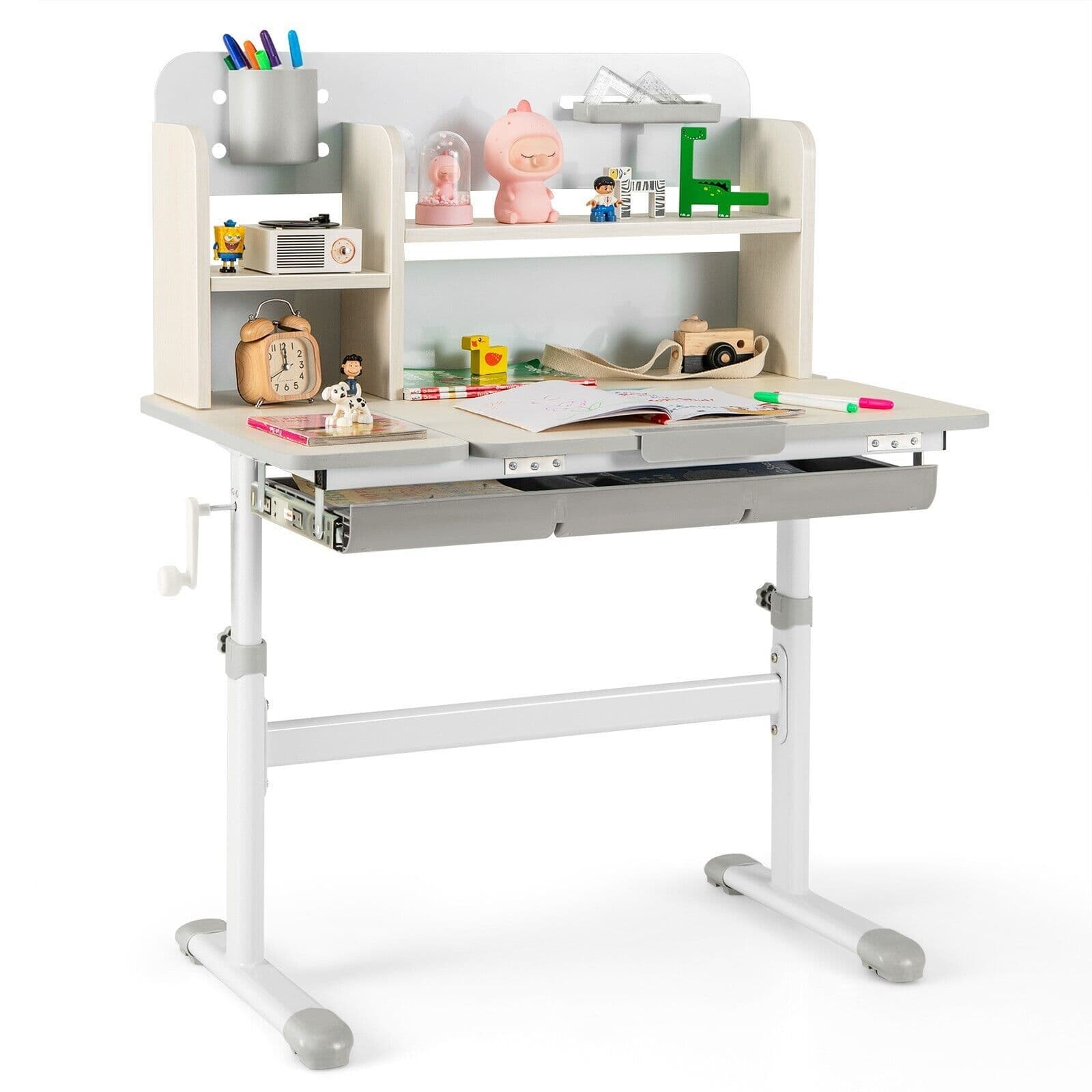 Study Desk Student Learning Writing Table w Tilt Desktop & Hutch