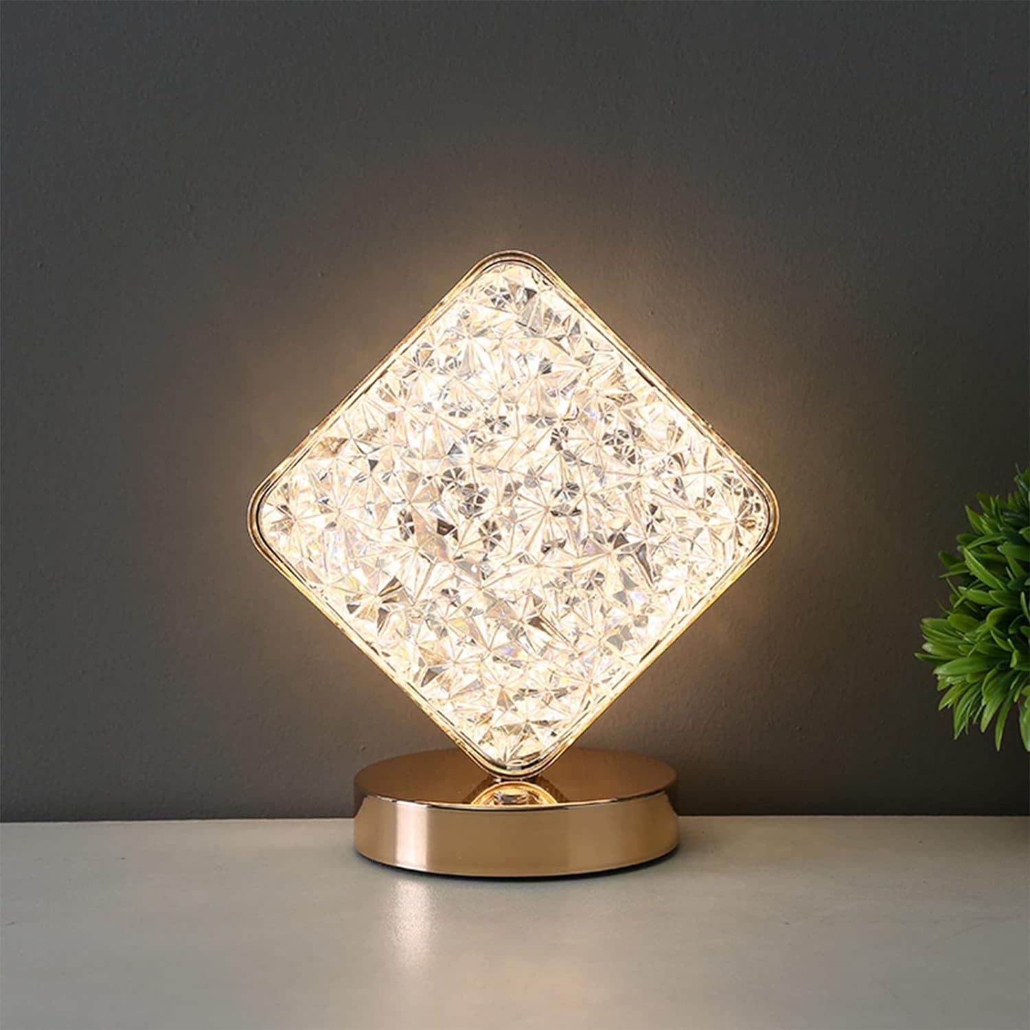 Cordless Acrylic Crystal Table Lamp Touch Control Dimmable Rhombus Shaped Night Light USB Rechargeable 3 Temperature Bedroom Living Ro