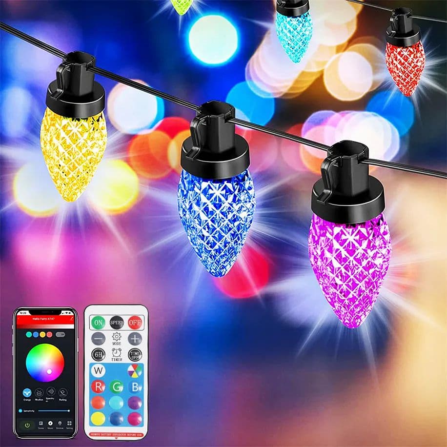 6M LED Outdoor Smart Garden Solar String Lights Festoon Lights 15 Bulbs RGB Remote Control APP Control