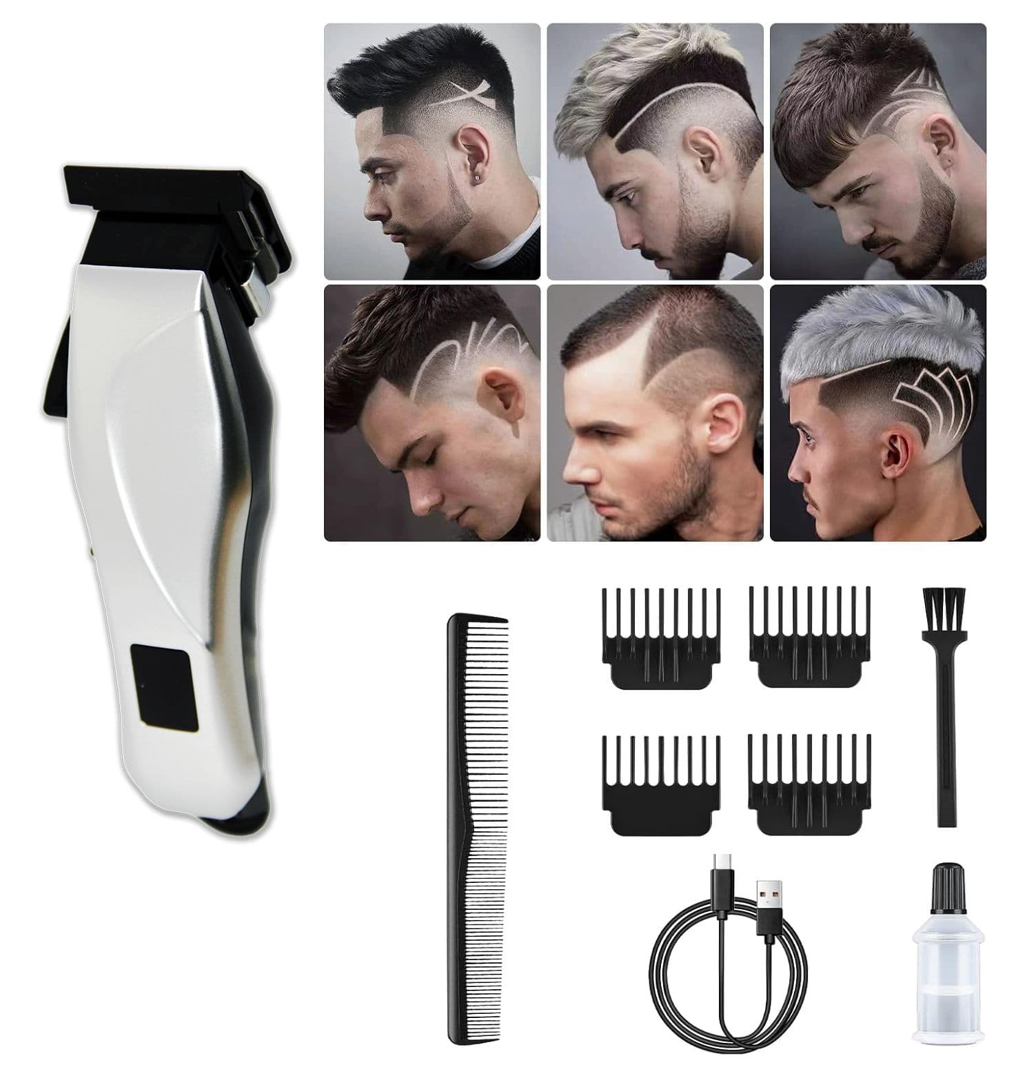 Professional Cordless Clipper 7 1 Silver USB Type C Rechargeable