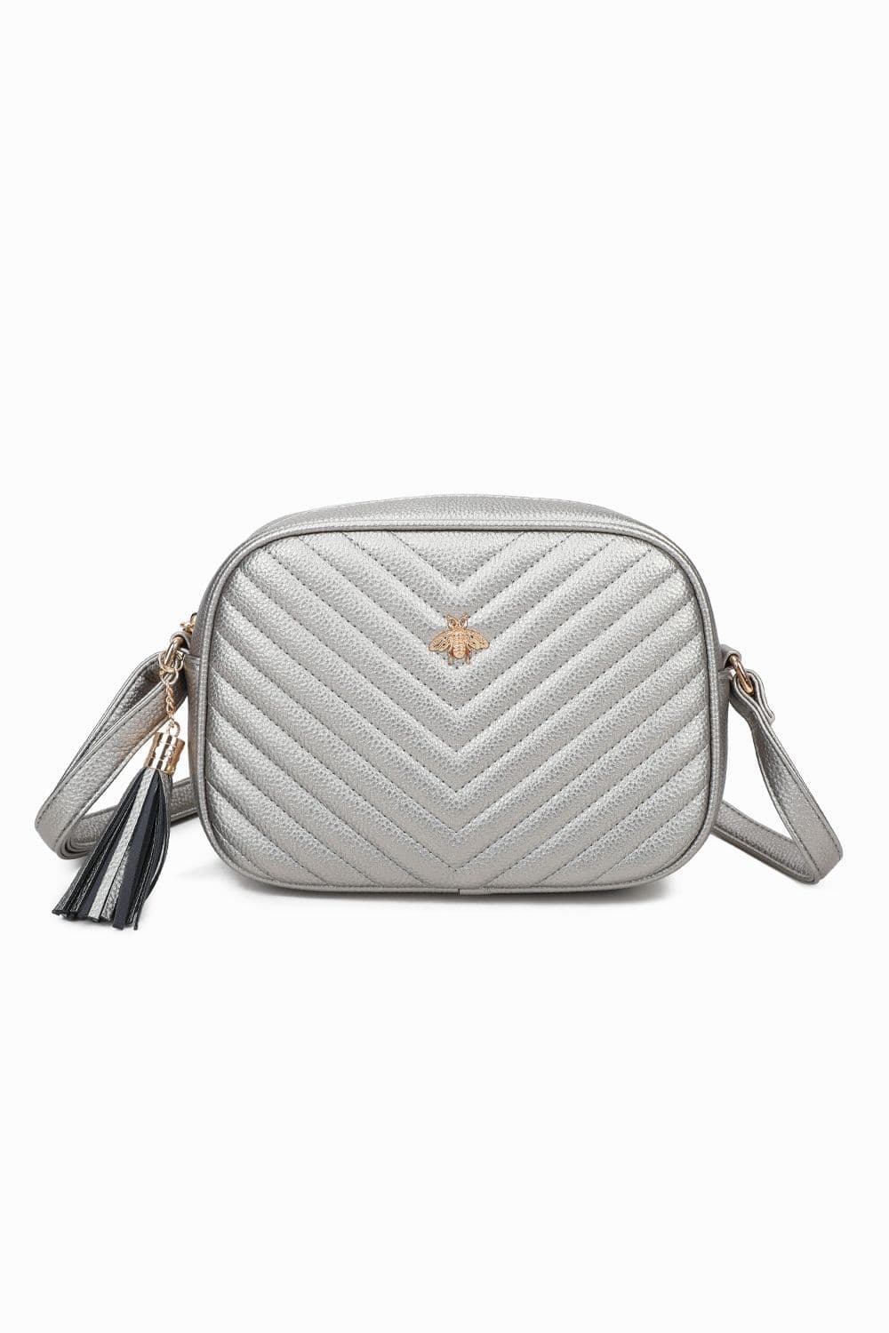 Fontanella Fashion Women's Bee Symbol Quilted Zipper Compartment Tassel Crossbody Handbag in Metallic Silver