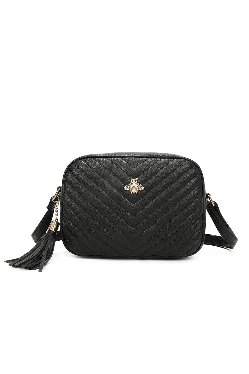 Fontanella Fashion Women's Bee Symbol Quilted Zipper Compartment Tassel Crossbody Handbag in Black