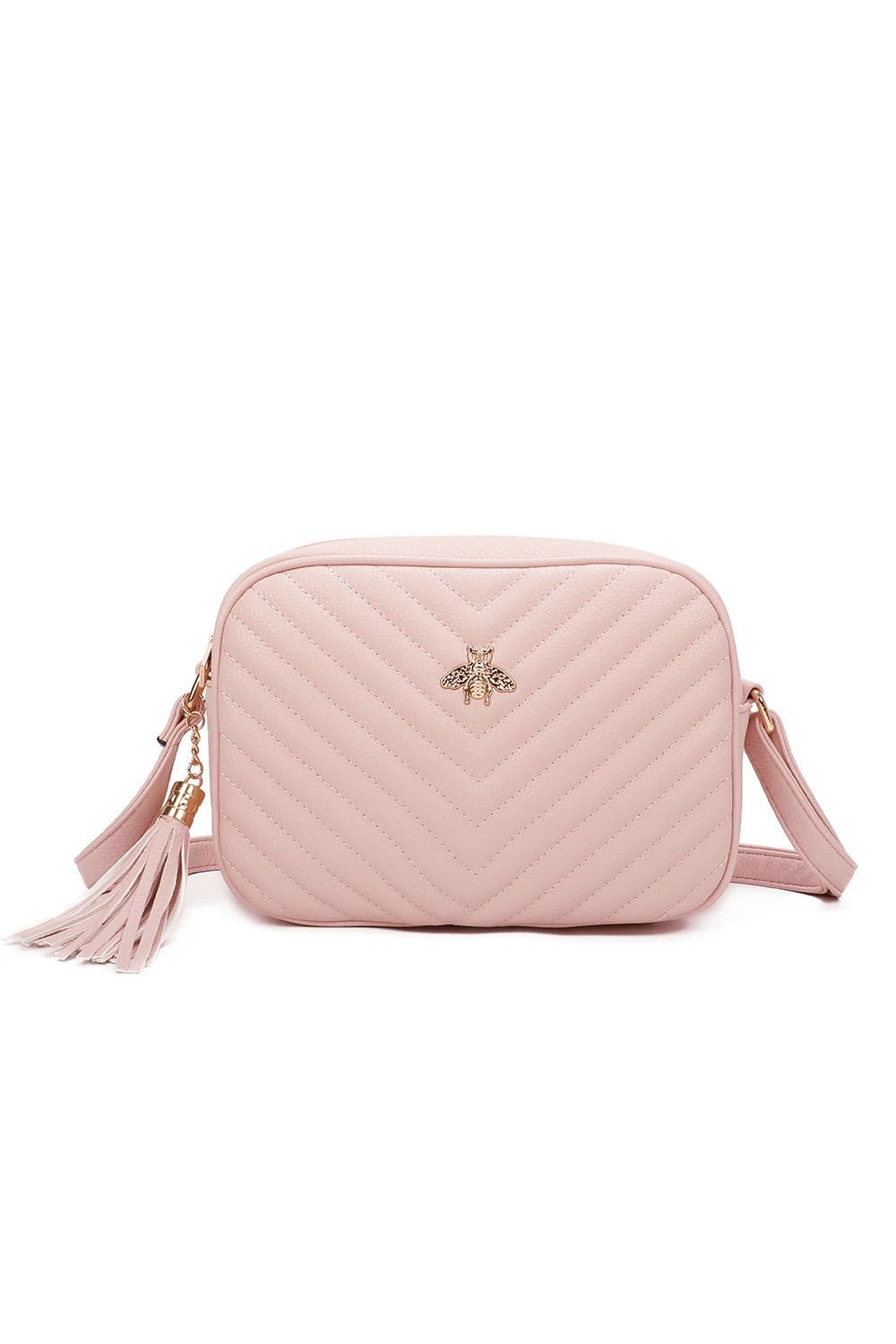 Fontanella Fashion Women's Bee Symbol Quilted Zipper Compartment Tassel Crossbody Handbag in Pale Pink