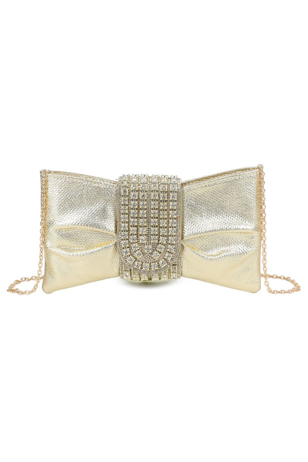 Fontanella Fashion Women's Virelline Tie Shape Flap Zip Top Diamante Clutch Bag in Gold