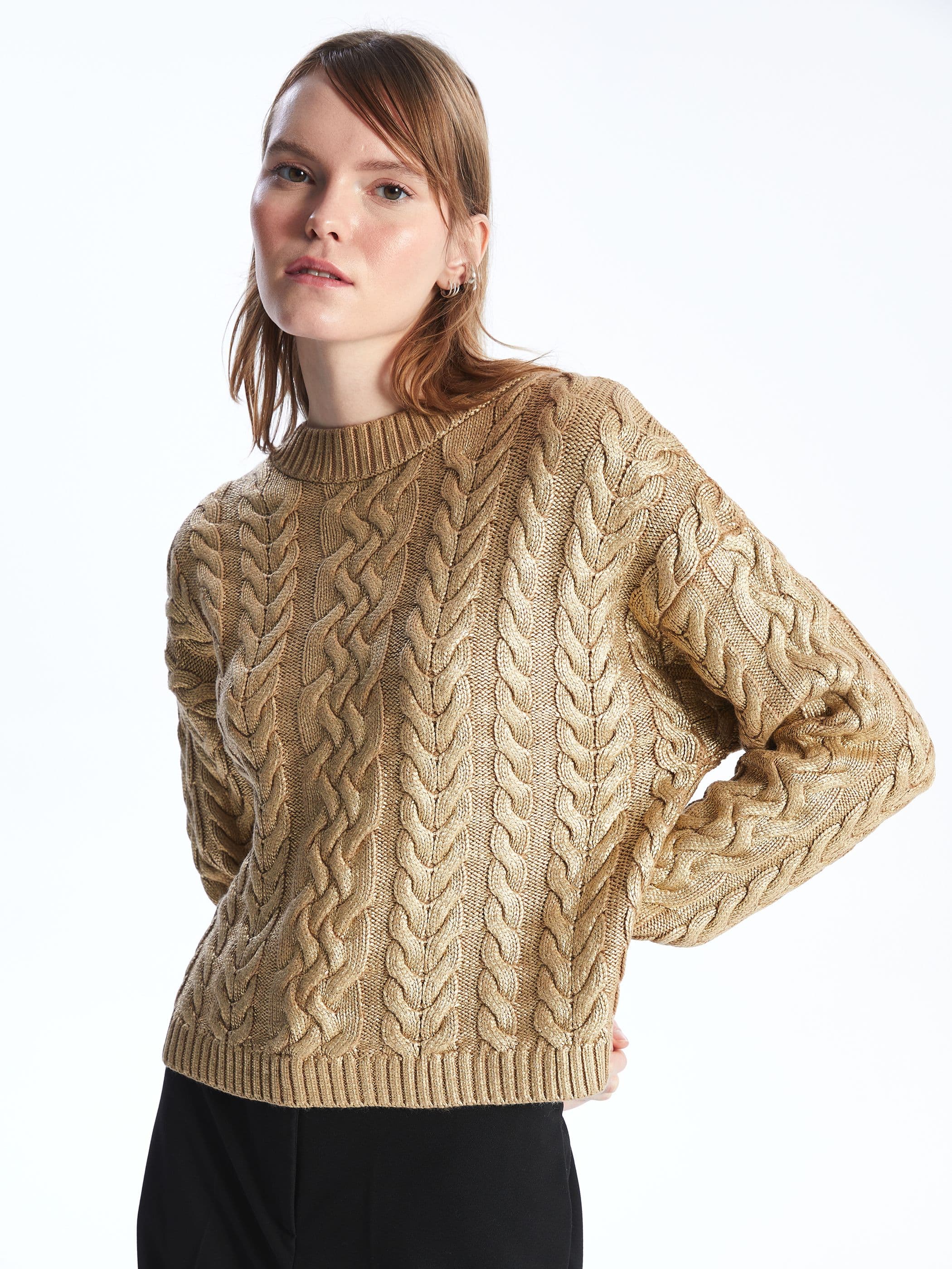 Crew Neck Metallic Print Cable Knit Jumper Textured Design