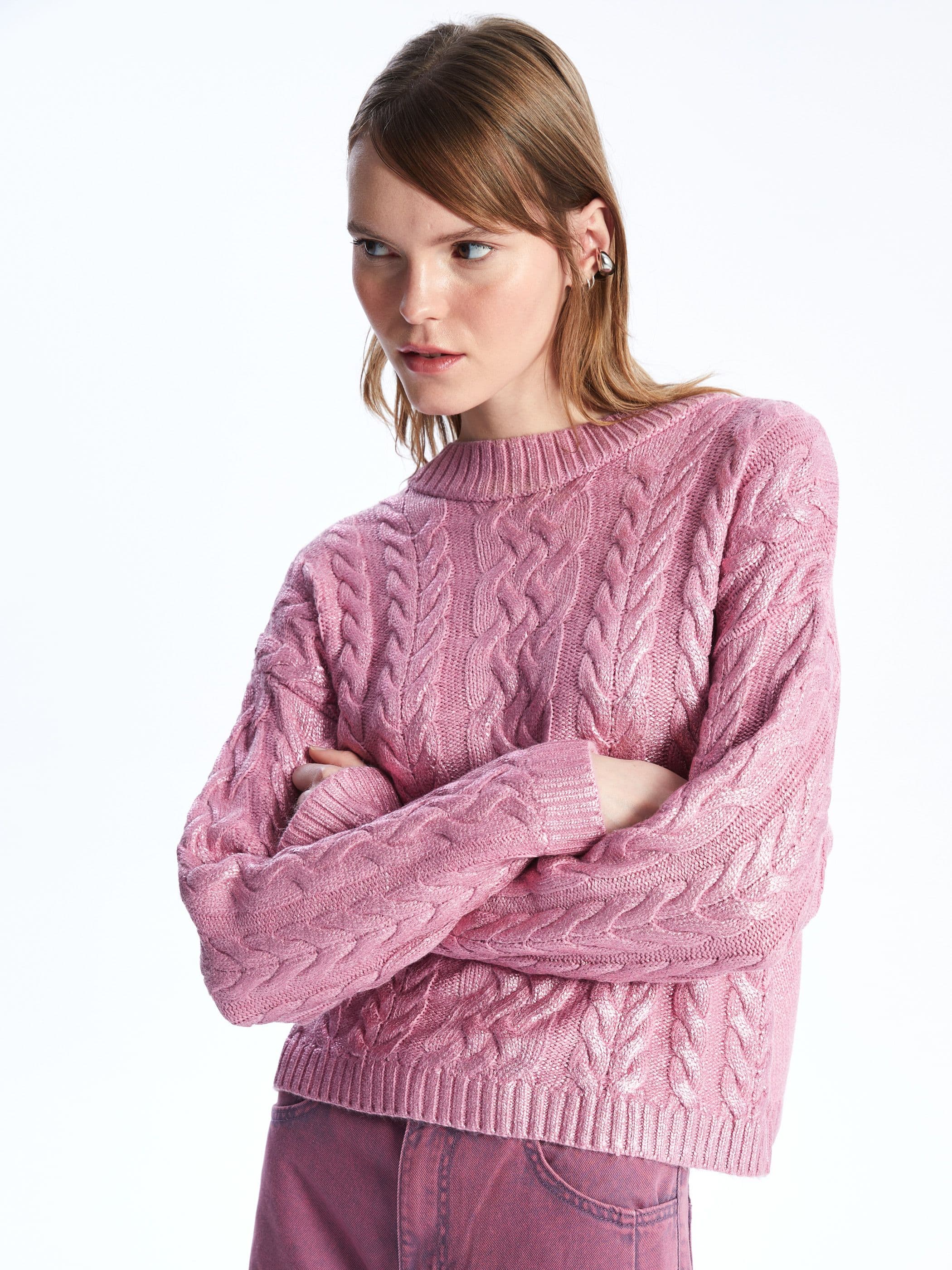 Crew Neck Metallic Print Cable Knit Jumper Textured Design