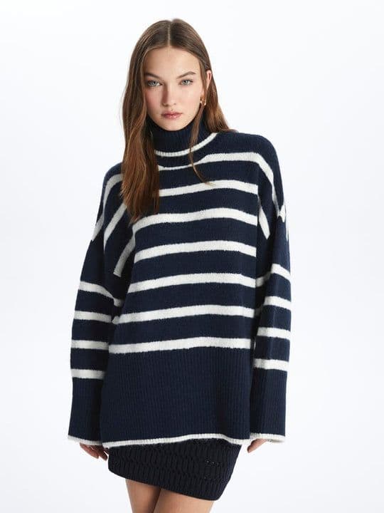 Turtleneck Jumper Soft Textured Cosy Striped Sweater
