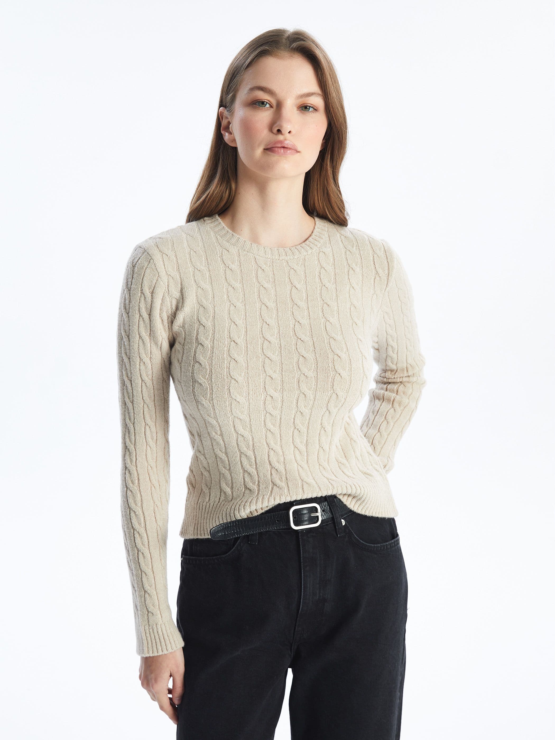 Soft Textured Slim Fit Jumper Braided Detail & Crew Neck