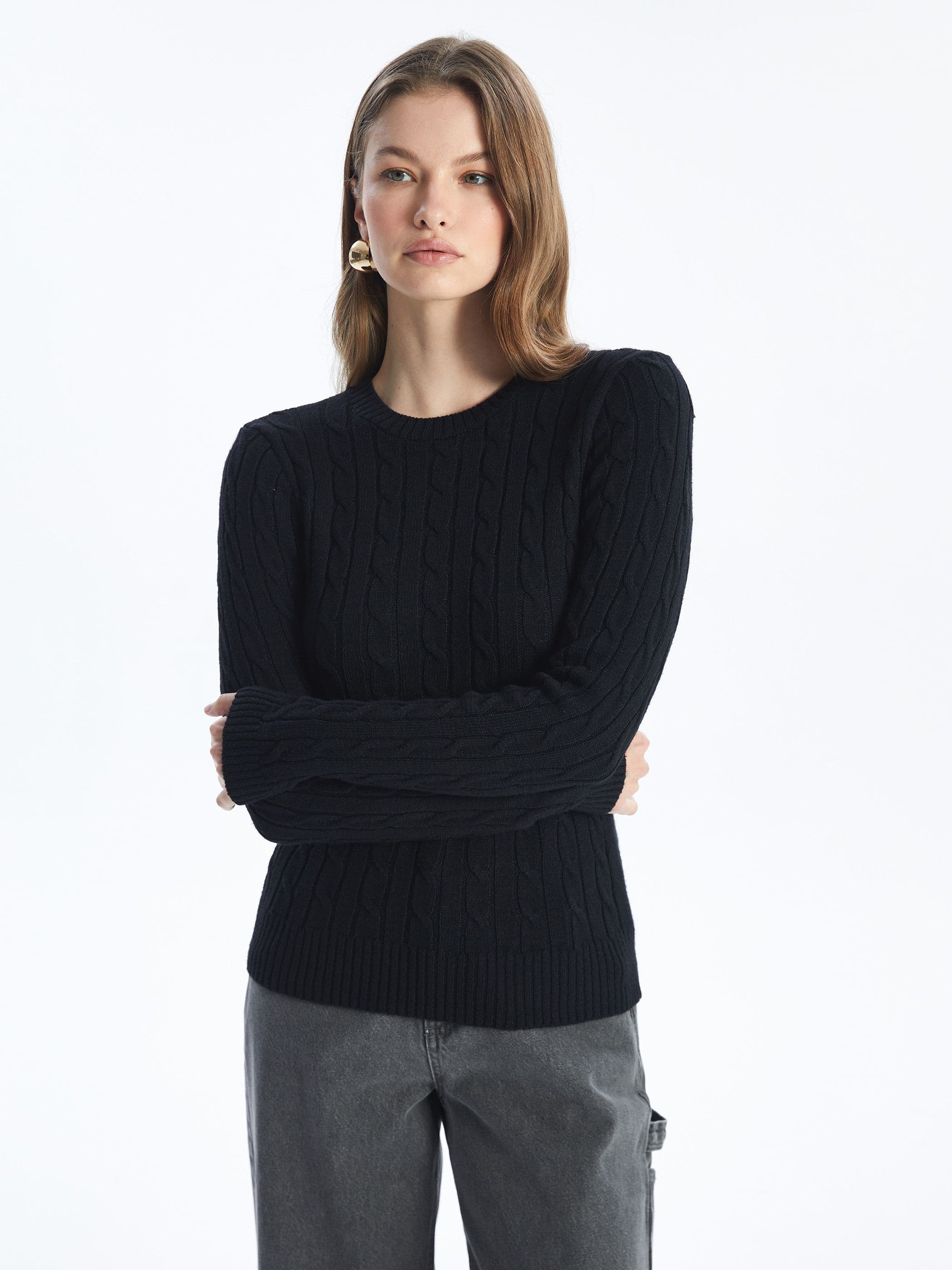 Soft Textured Slim Fit Jumper Braided Detail & Crew Neck