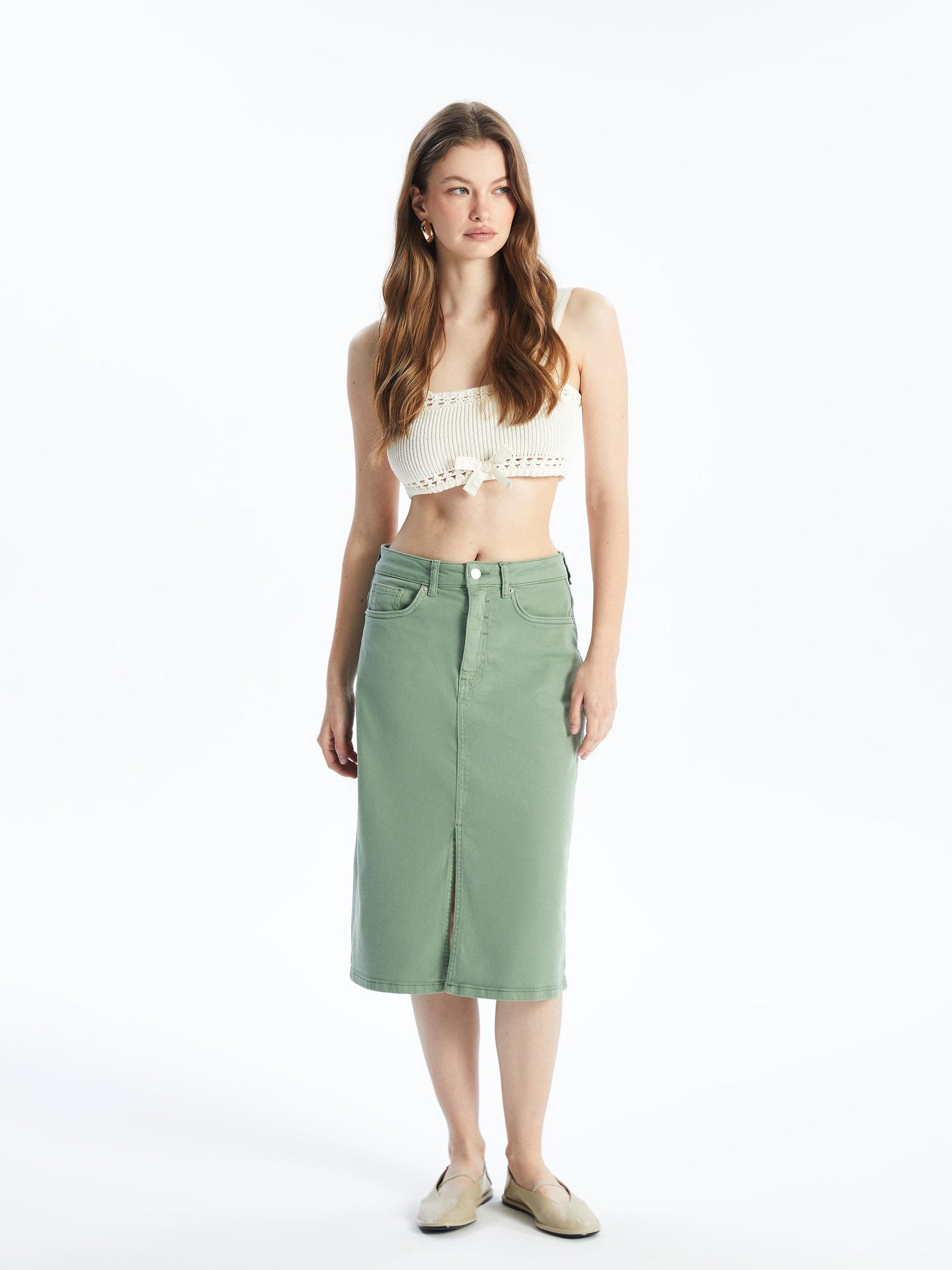 Cotton Denim High Waist Midi Skirt Slit
