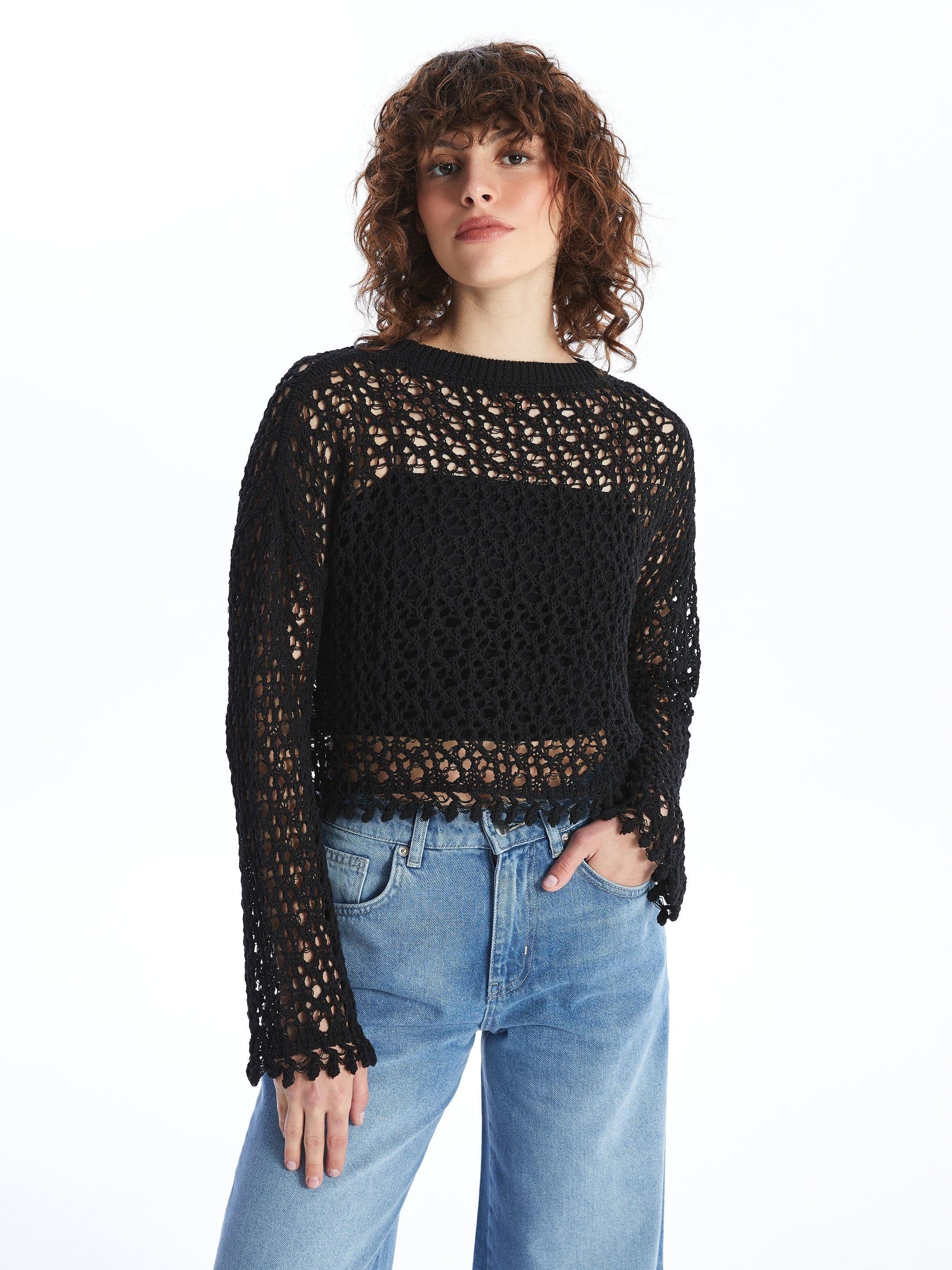 Open Knit Cotton Linen Long Sleeve Blouse