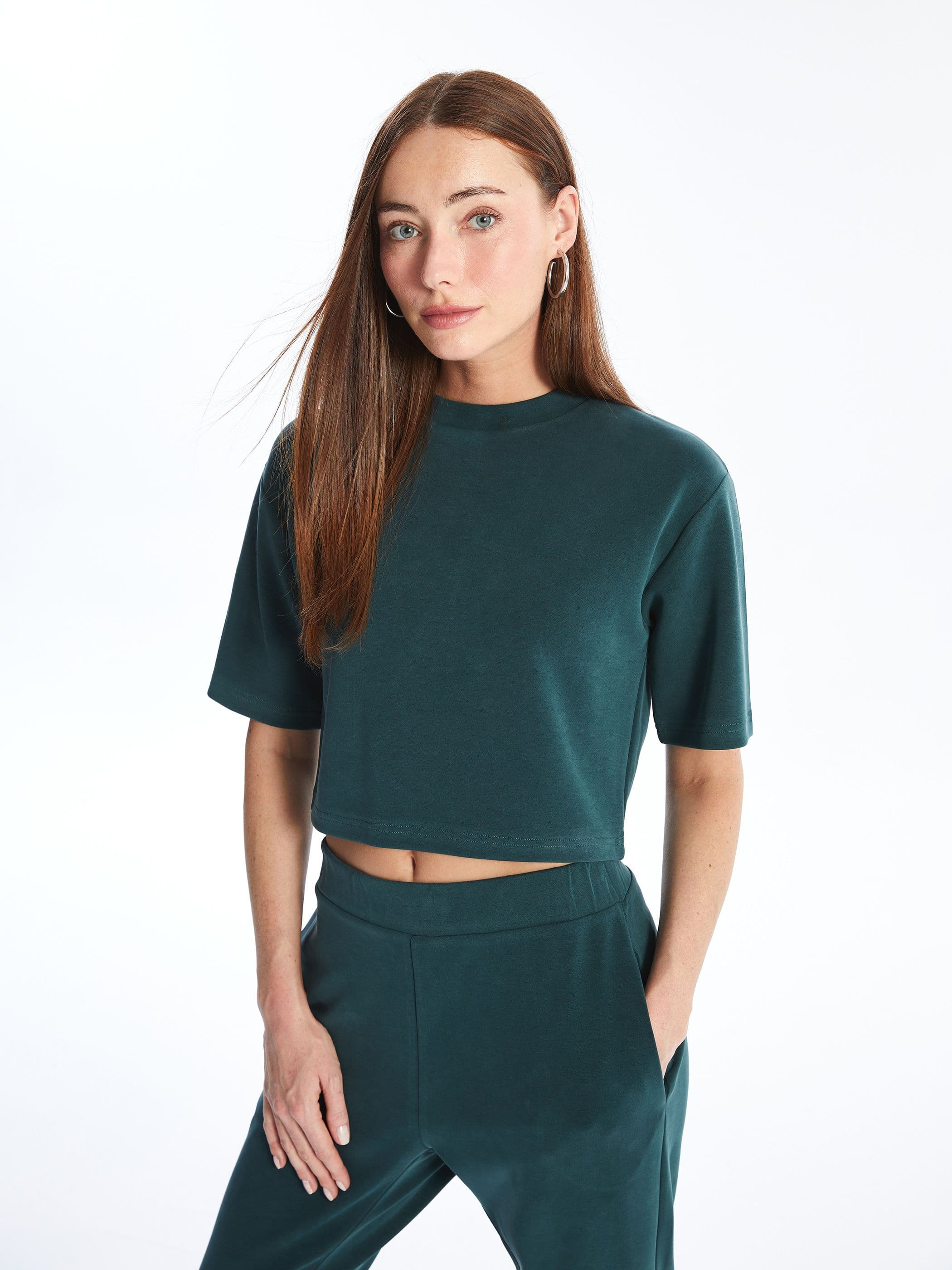 Soft Stretch Crop Top Short Sleeves Crew Neck T Shirt