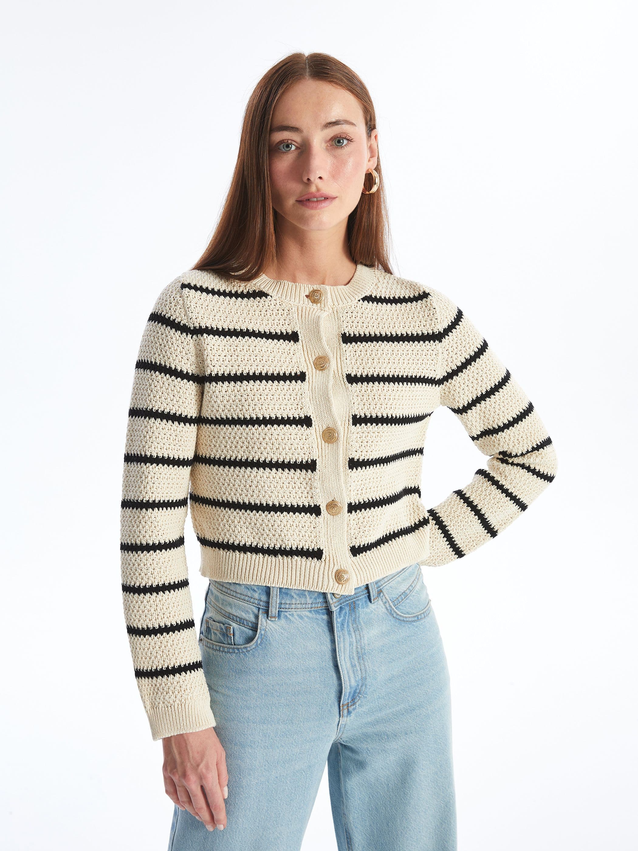 Navy Blue Striped Sweater Long Sleeve Cardigan